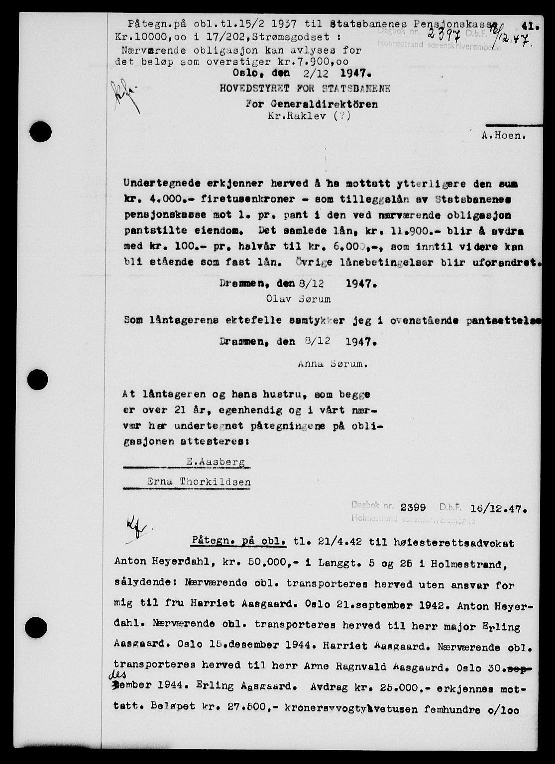 Holmestrand sorenskriveri, SAKO/A-67/G/Ga/Gab/L0058: Pantebok nr. B-58, 1947-1948, s. 41, Dagboknr: 2397/1947