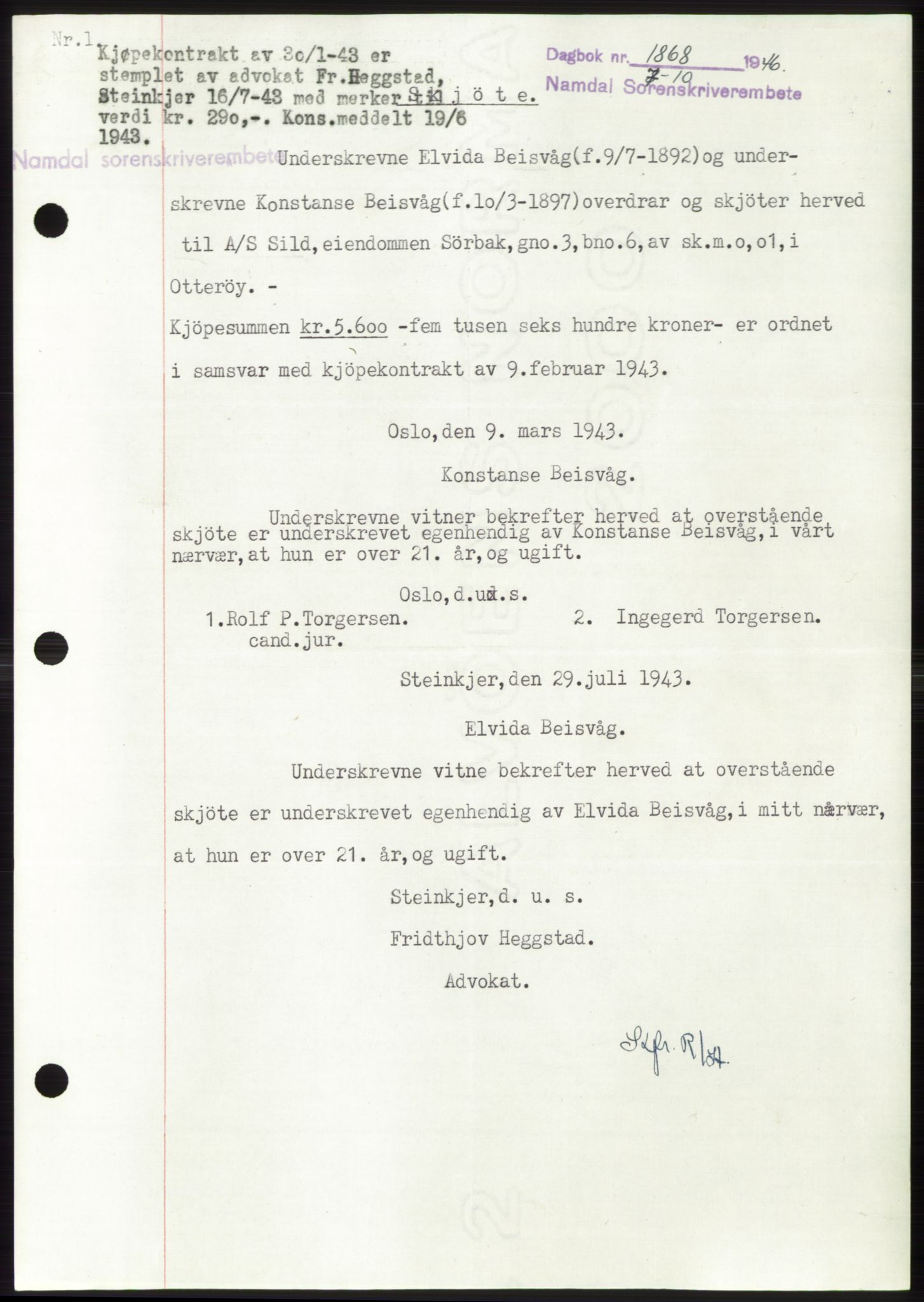 Namdal sorenskriveri, SAT/A-4133/1/2/2C: Pantebok nr. -, 1946-1947, Dagboknr: 1868/1946