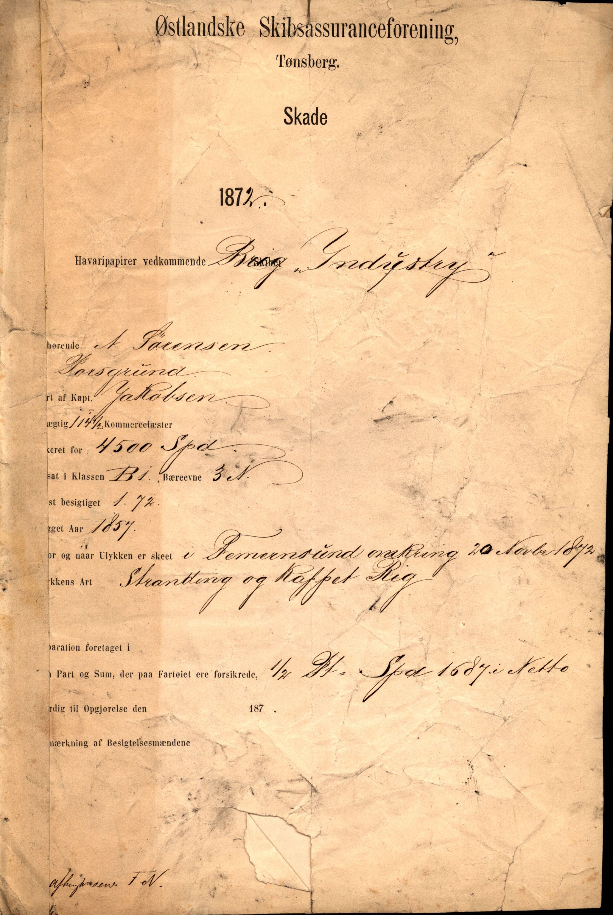 Pa 63 - Østlandske skibsassuranceforening, VEMU/A-1079/G/Ga/L0003/0019: Havaridokumenter / Industri, 1872