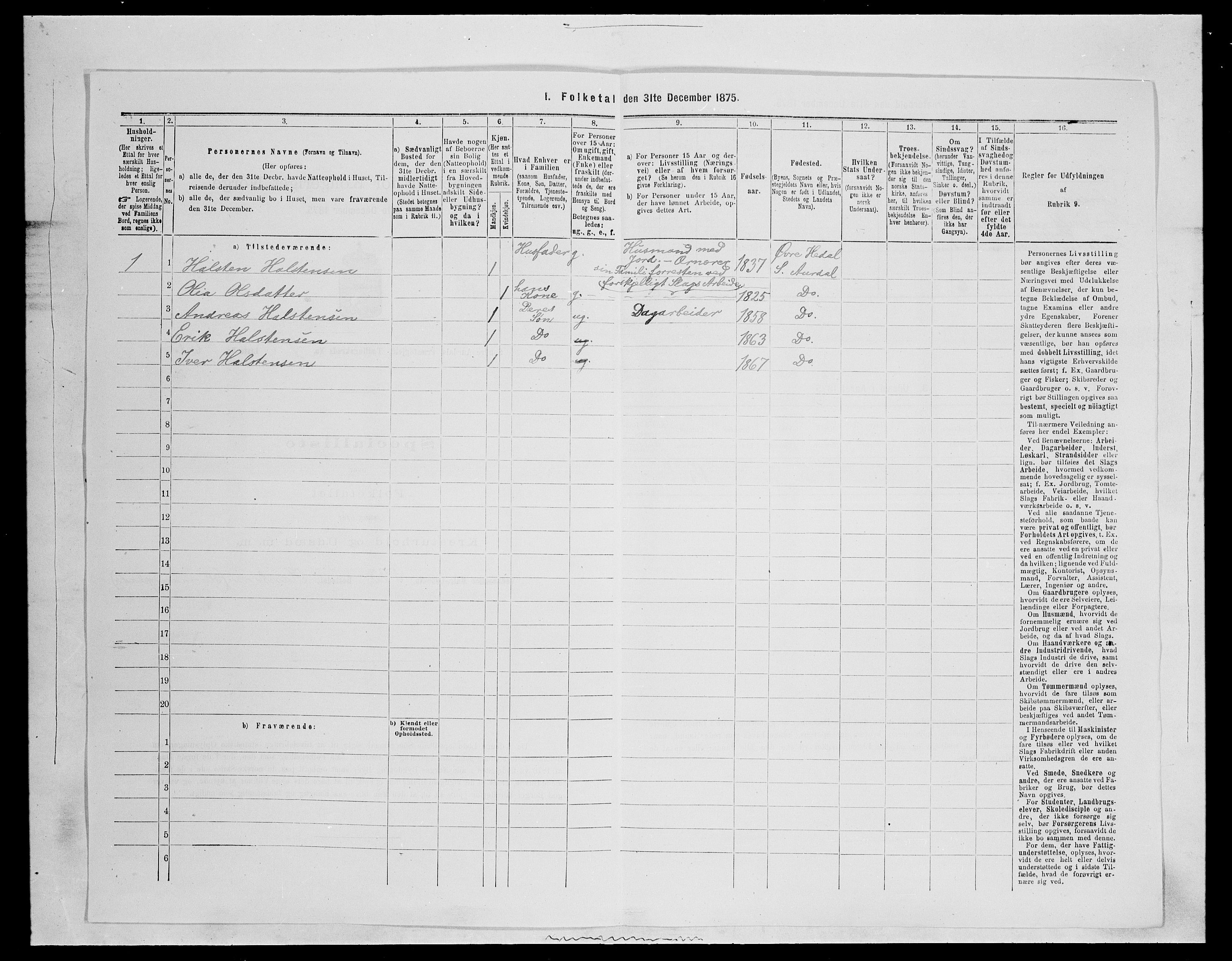 SAH, Folketelling 1875 for 0540P Sør-Aurdal prestegjeld, 1875, s. 1279