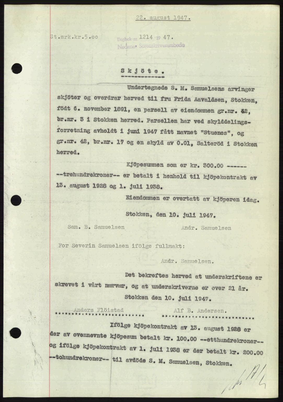 Nedenes sorenskriveri, AV/SAK-1221-0006/G/Gb/Gba/L0057: Pantebok nr. A9, 1947-1947, Dagboknr: 1214/1947