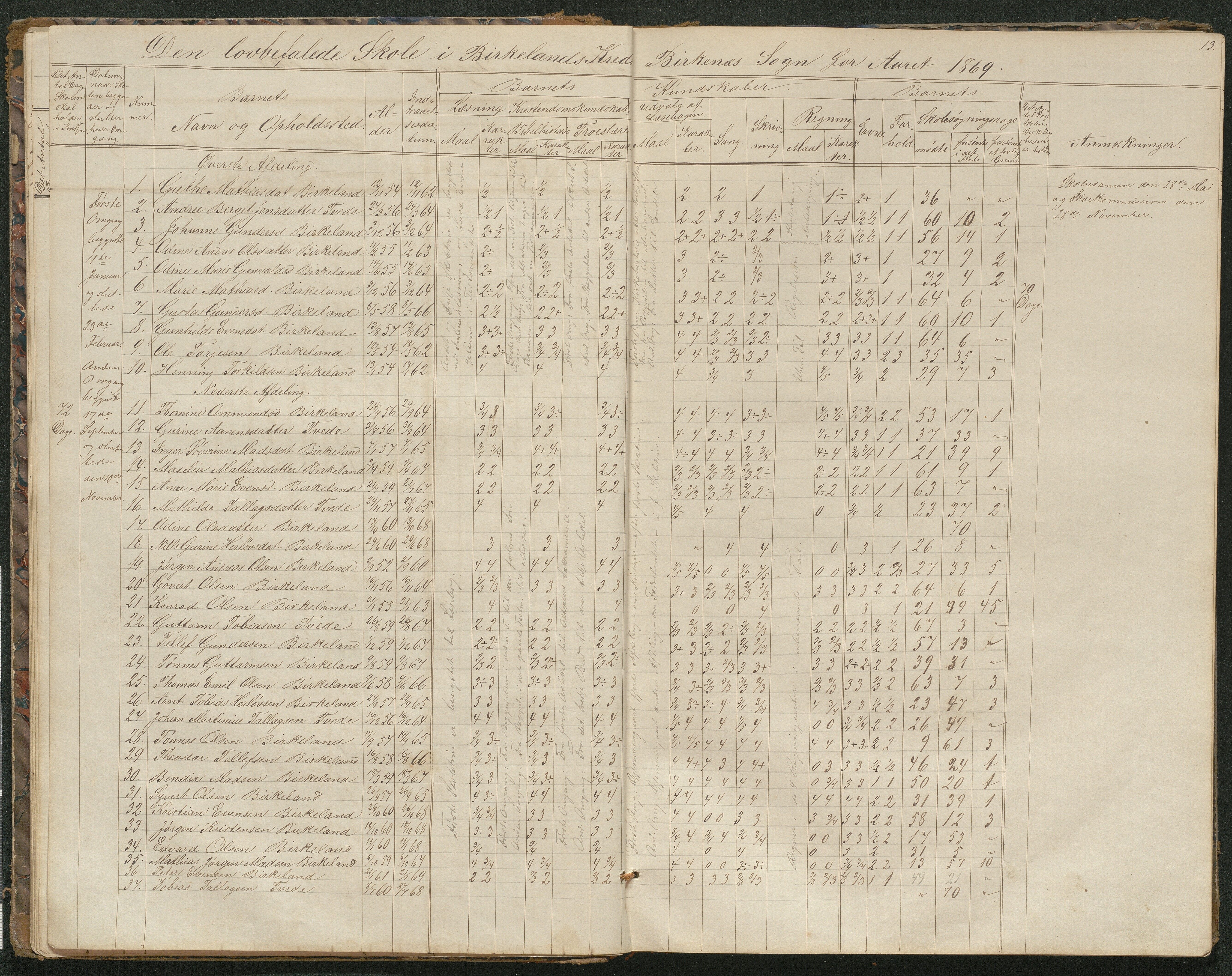 Birkenes kommune, Birkenes krets/Birkeland folkeskole frem til 1991, AAMA/KA0928-550a_91/F02/L0001: Skoleprotokoll, 1862-1896, s. 13