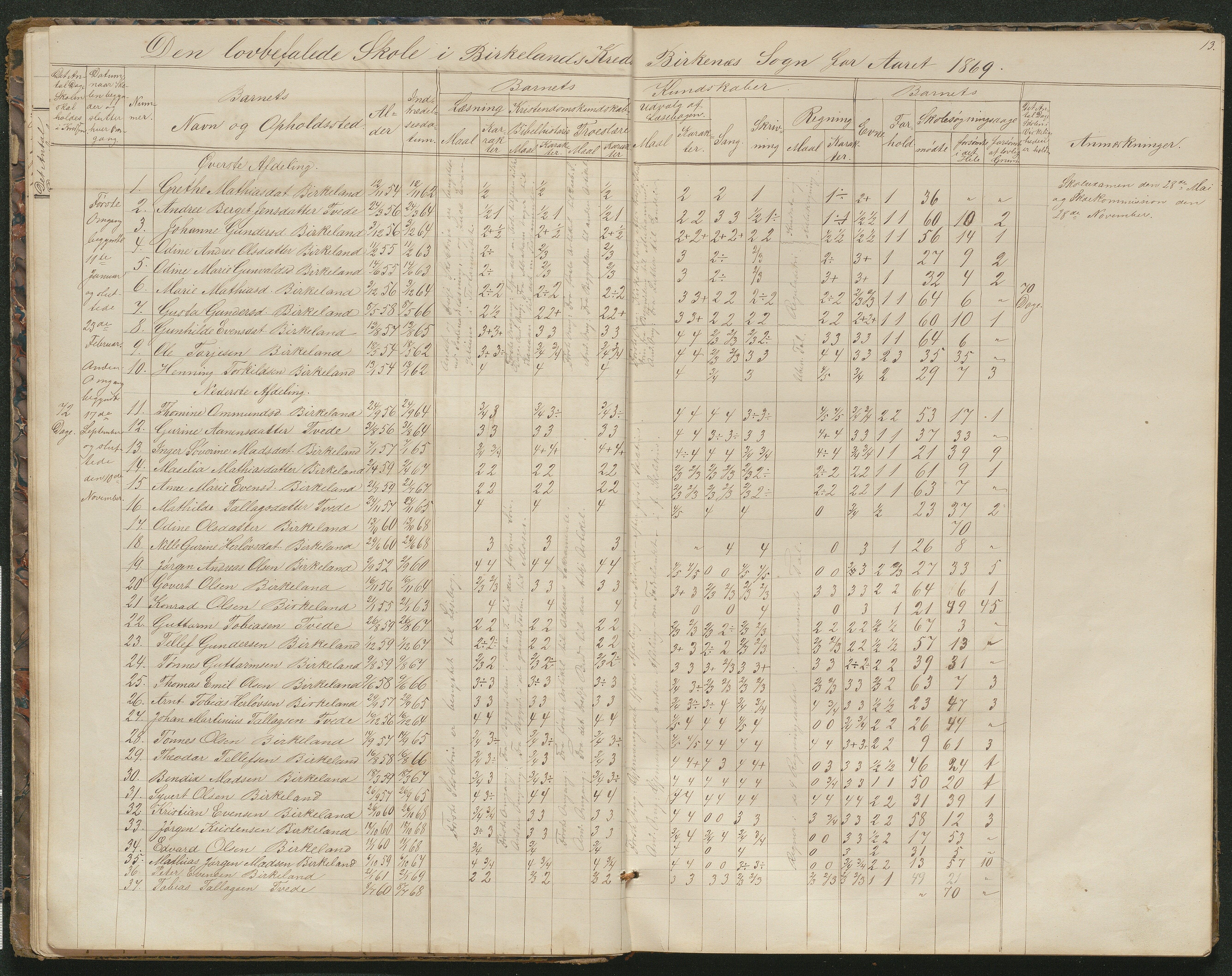 Birkenes kommune, Birkenes krets/Birkeland folkeskole frem til 1991, AAKS/KA0928-550a_91/F02/L0001: Skoleprotokoll, 1862-1896, s. 13