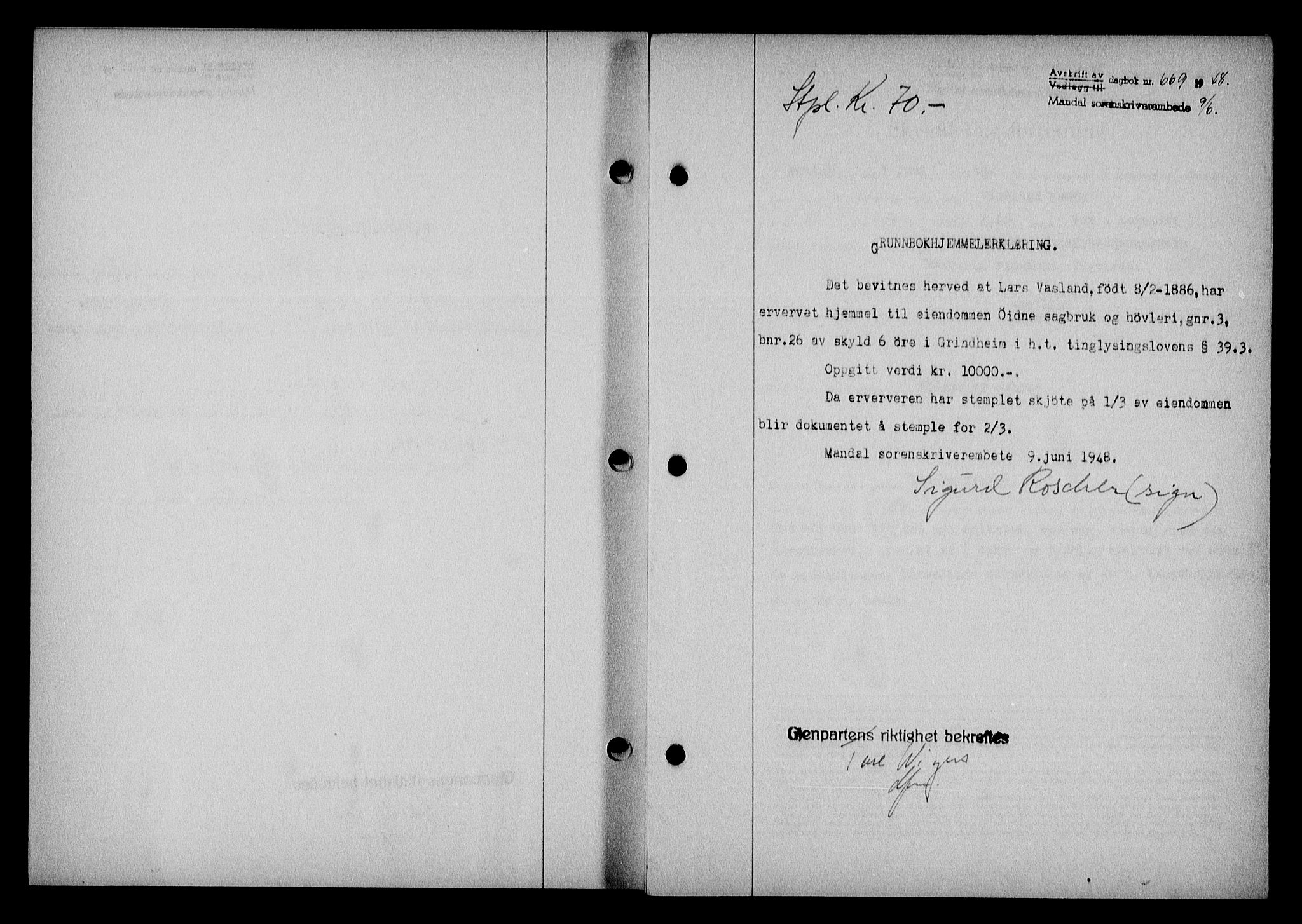 Mandal sorenskriveri, SAK/1221-0005/001/G/Gb/Gba/L0079: Pantebok nr. A-16, 1947-1948, Dagboknr: 669/1948