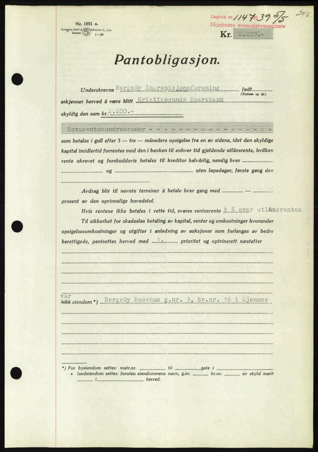 Nordmøre sorenskriveri, AV/SAT-A-4132/1/2/2Ca: Pantebok nr. B85, 1939-1939, Dagboknr: 1147/1939