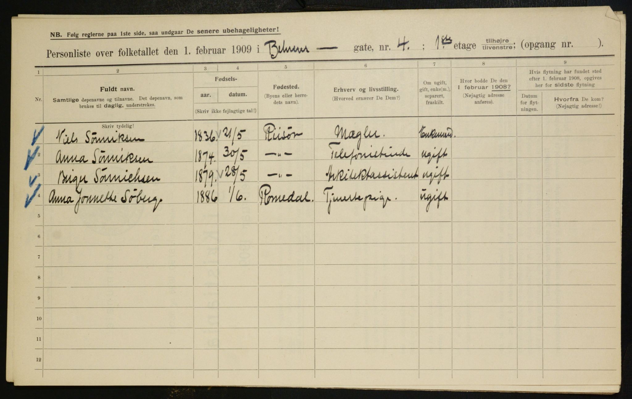 OBA, Kommunal folketelling 1.2.1909 for Kristiania kjøpstad, 1909, s. 3145