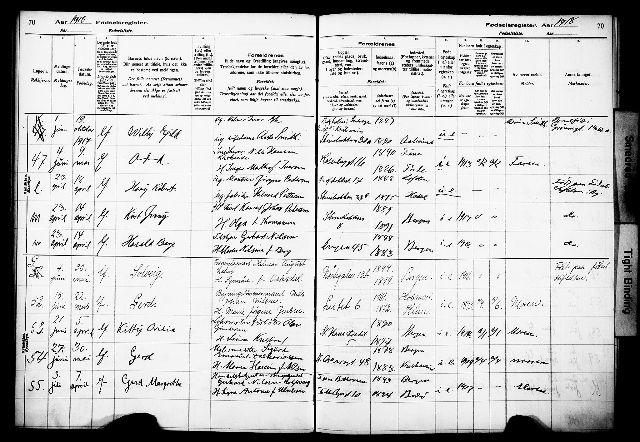 Domkirken sokneprestembete, AV/SAB-A-74801/I/Id/L00A1: Fødselsregister nr. A 1, 1916-1923, s. 70