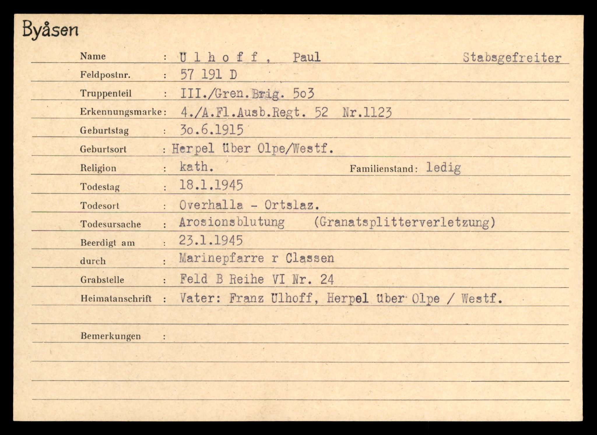 Distriktskontoret for krigsgraver, SAT/A-5030/E/L0004: Kasett/kartotek over tysk Krigskirkegård på Byåsen, 1945, s. 2047