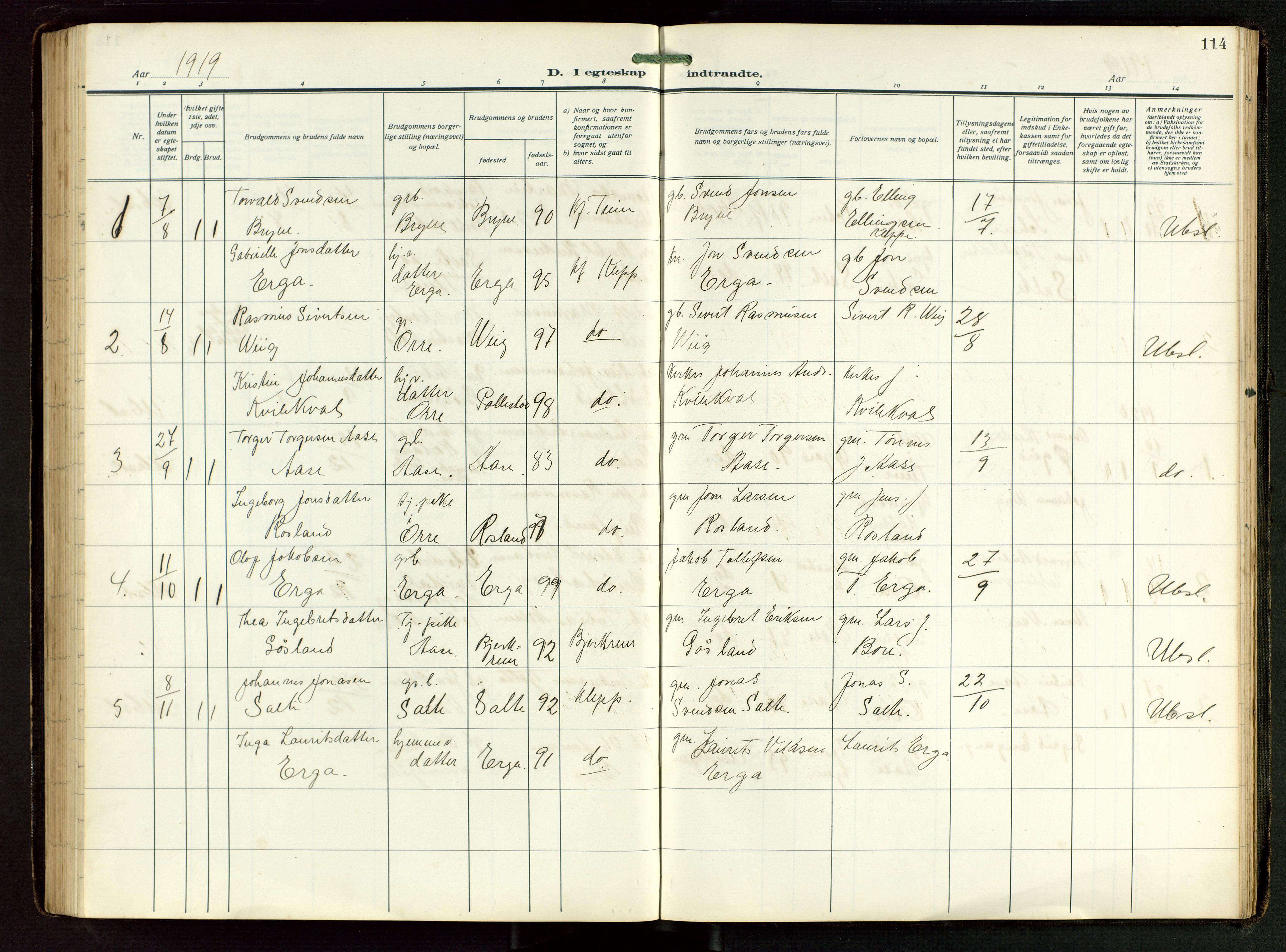 Klepp sokneprestkontor, SAST/A-101803/001/3/30BB/L0008: Klokkerbok nr. B 8, 1918-1949, s. 114