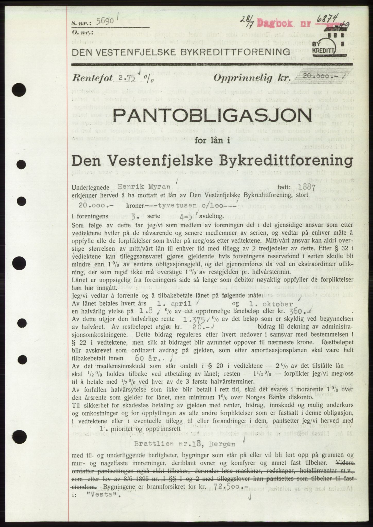 Byfogd og Byskriver i Bergen, AV/SAB-A-3401/03/03Bd/L0003: Pantebok nr. B29-39, 1947-1950, Dagboknr: 6874/1949