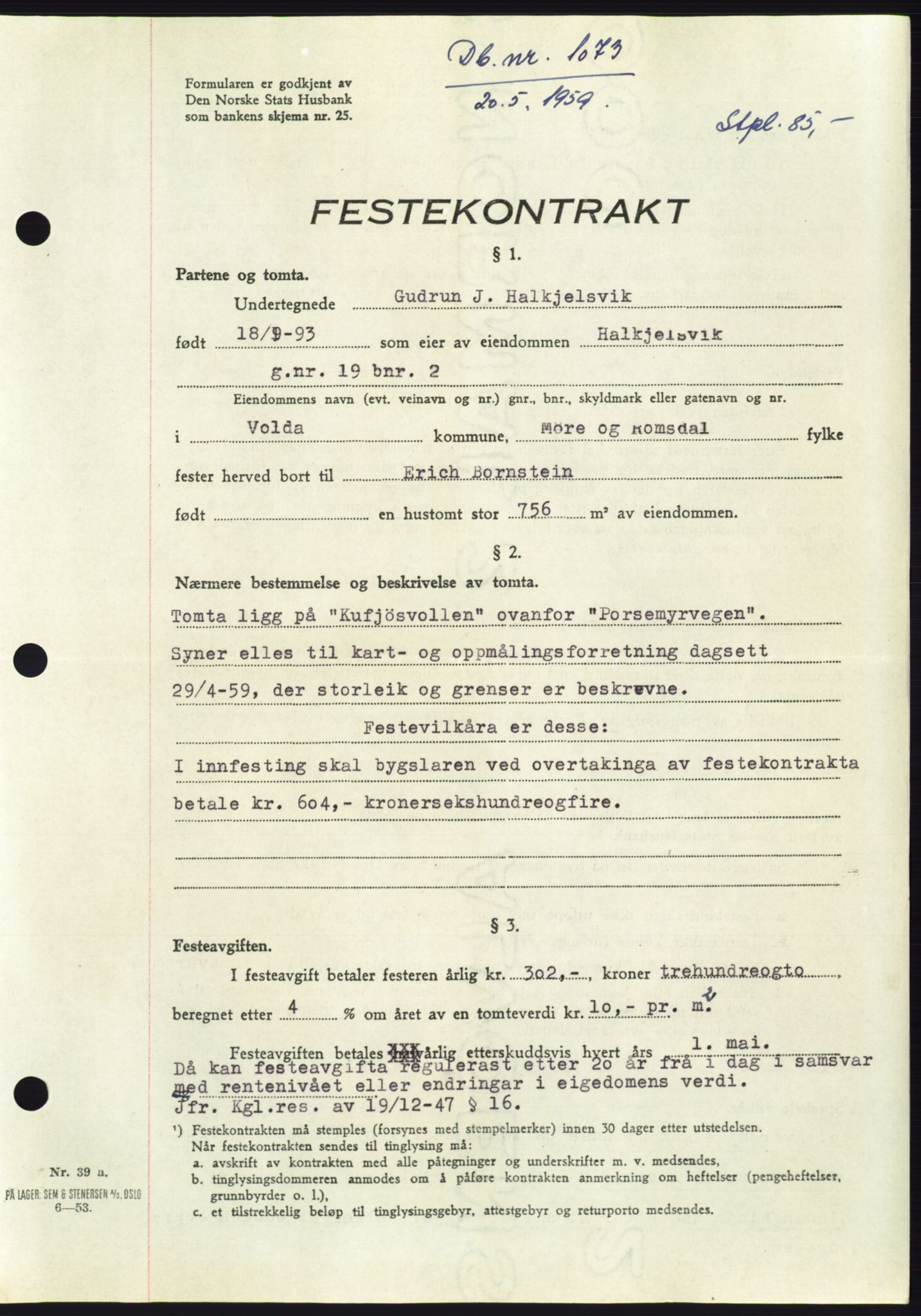 Søre Sunnmøre sorenskriveri, SAT/A-4122/1/2/2C/L0112: Pantebok nr. 38A, 1959-1959, Dagboknr: 1073/1959