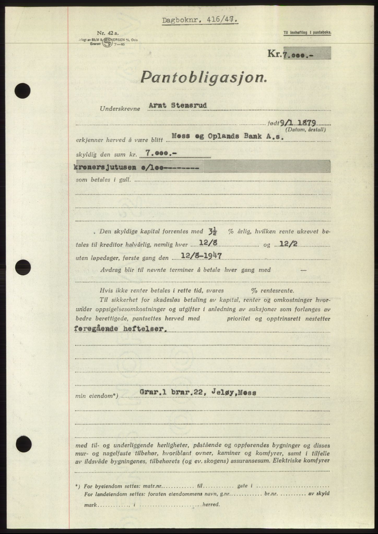 Moss sorenskriveri, SAO/A-10168: Pantebok nr. B16, 1946-1947, Dagboknr: 416/1947