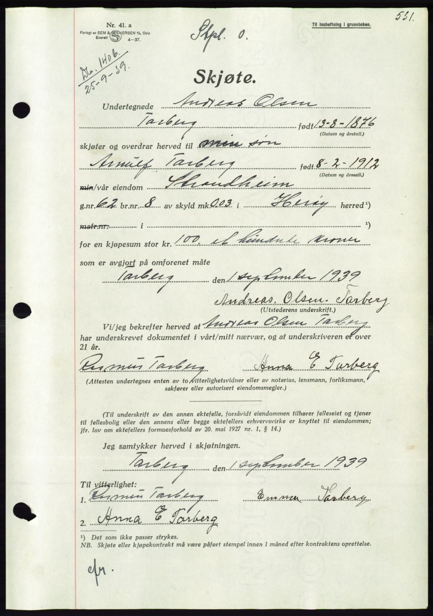 Søre Sunnmøre sorenskriveri, AV/SAT-A-4122/1/2/2C/L0068: Pantebok nr. 62, 1939-1939, Dagboknr: 1406/1939