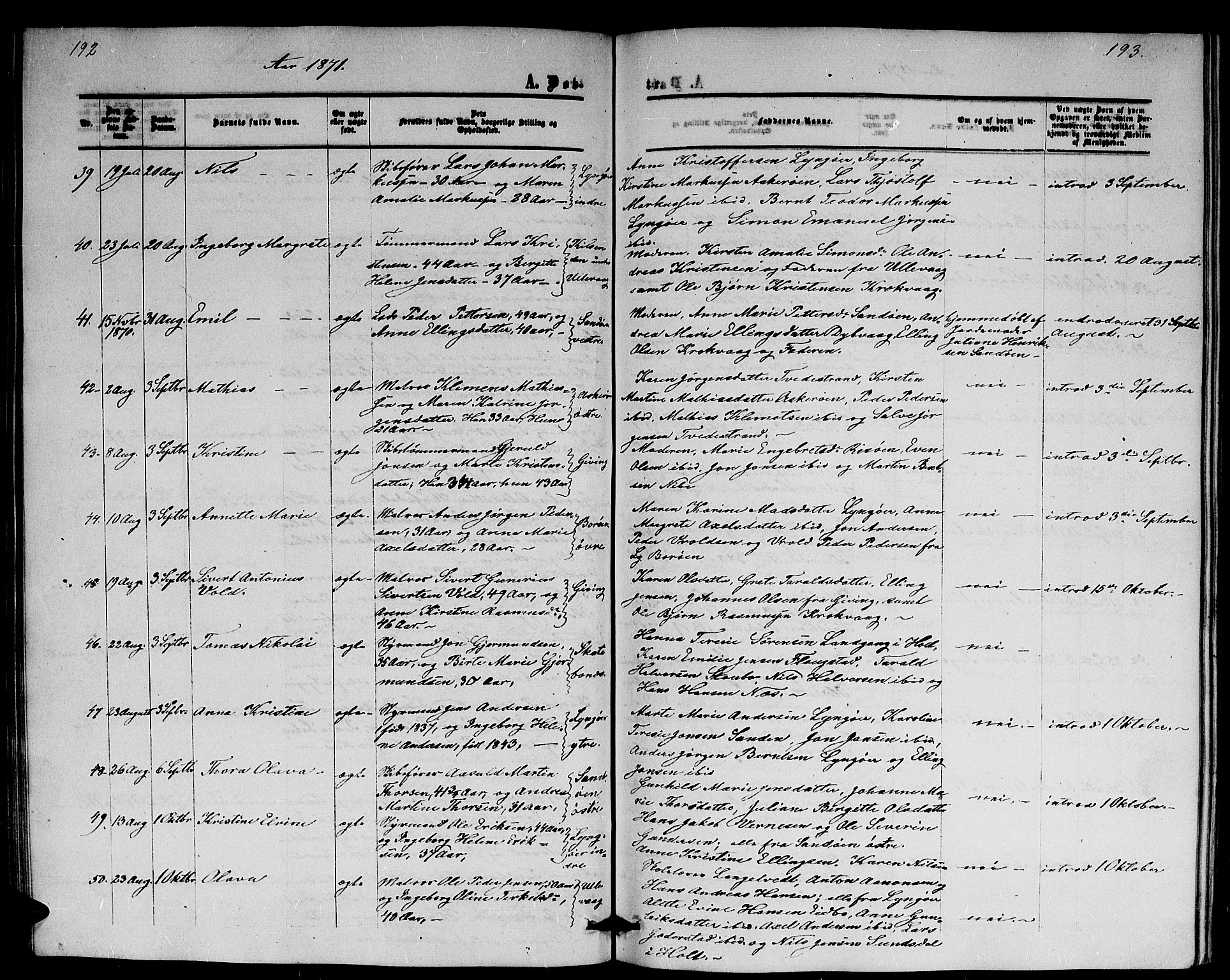 Dypvåg sokneprestkontor, AV/SAK-1111-0007/F/Fb/Fba/L0011: Klokkerbok nr. B 11, 1857-1872, s. 192-193
