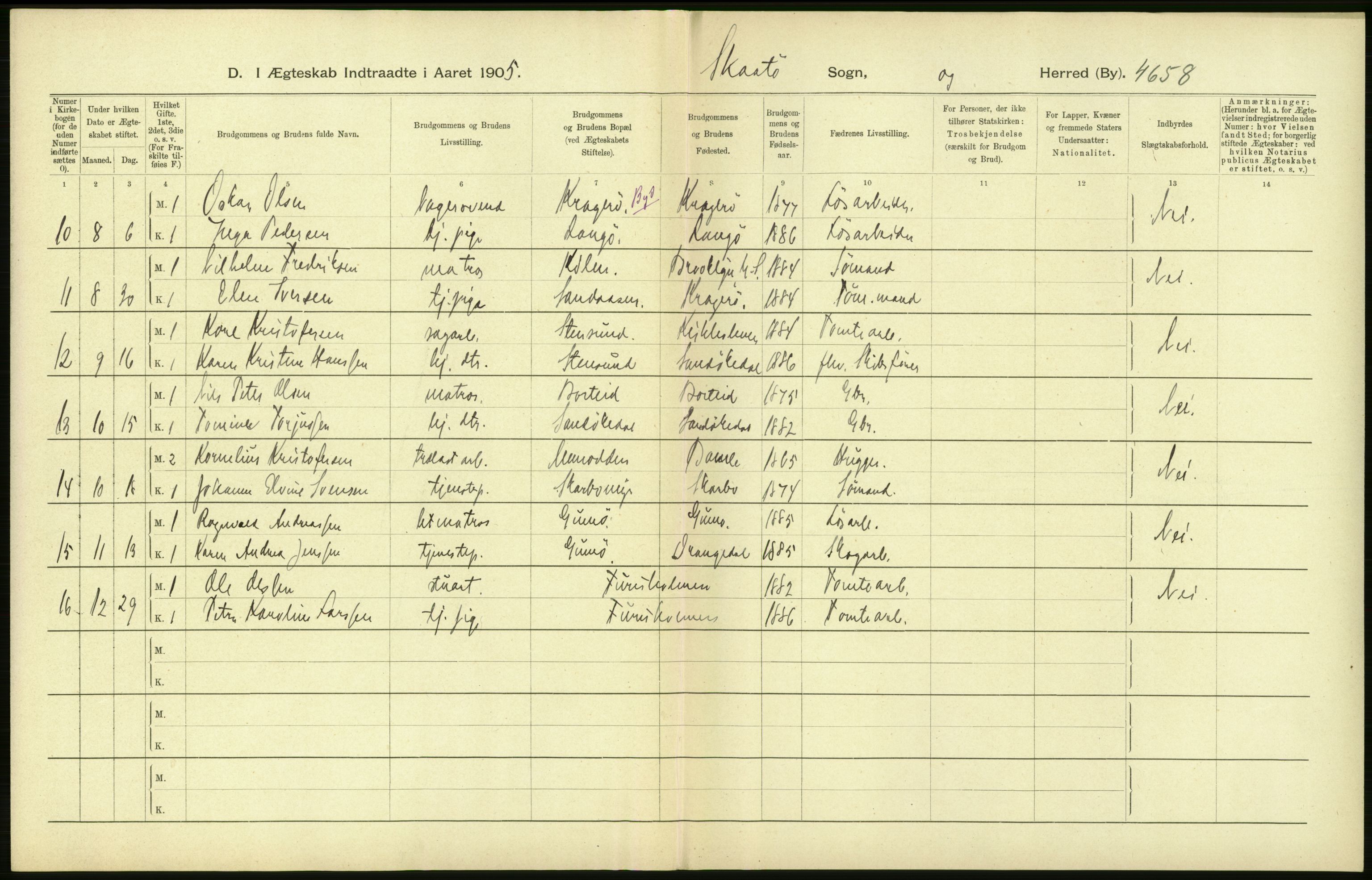 Statistisk sentralbyrå, Sosiodemografiske emner, Befolkning, RA/S-2228/D/Df/Dfa/Dfac/L0017: Bratsberg amt: Døde, dødfødte, gifte. Bygder., 1905, s. 16