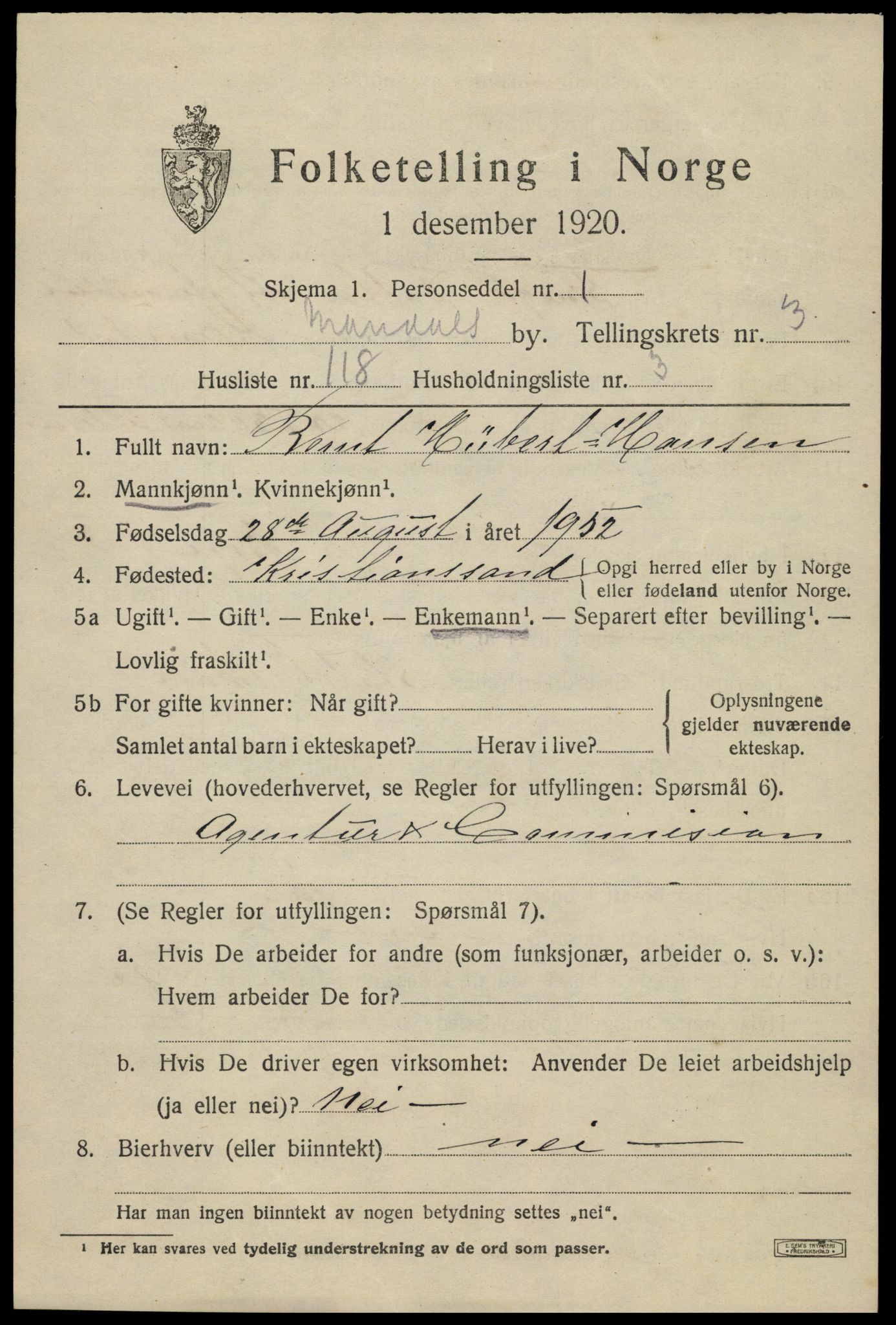 SAK, Folketelling 1920 for 1002 Mandal ladested, 1920, s. 6811