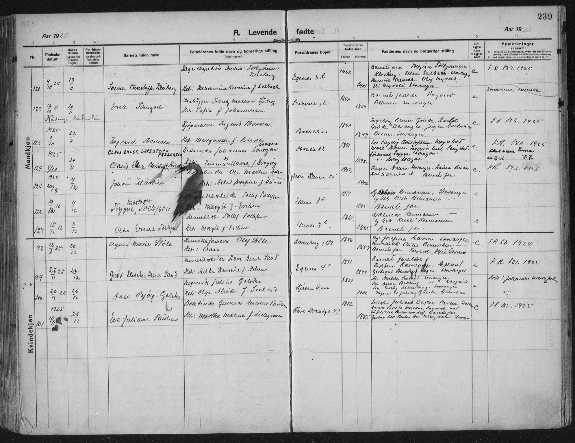 Domkirken sokneprestkontor, AV/SAST-A-101812/002/A/L0018: Ministerialbok nr. A 34, 1915-1929, s. 239