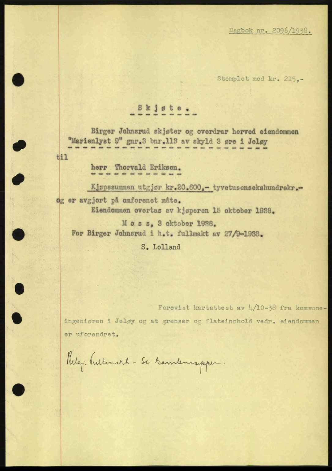 Moss sorenskriveri, SAO/A-10168: Pantebok nr. A5, 1938-1939, Dagboknr: 2096/1938