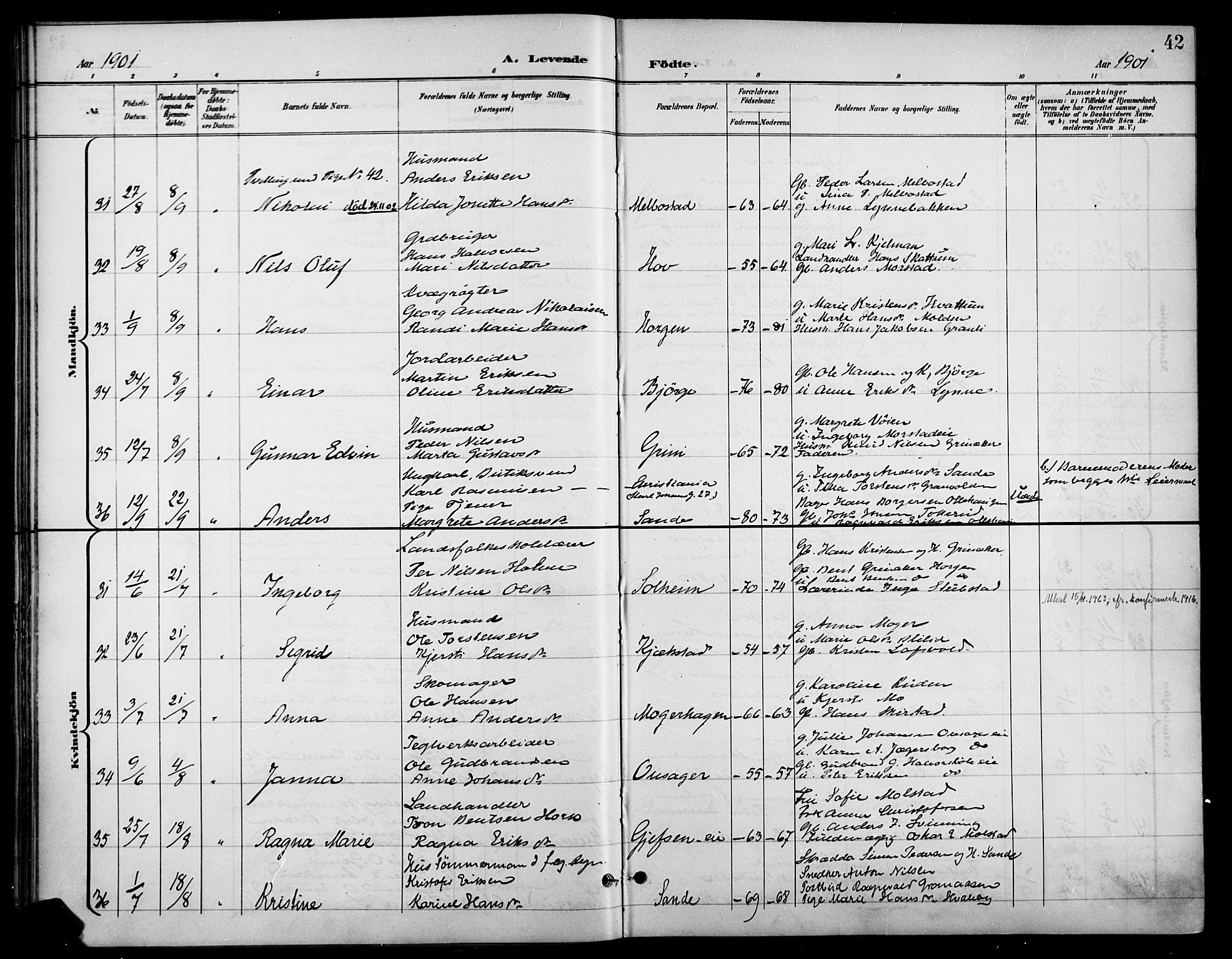 Gran prestekontor, AV/SAH-PREST-112/H/Ha/Haa/L0019: Ministerialbok nr. 19, 1898-1907, s. 42
