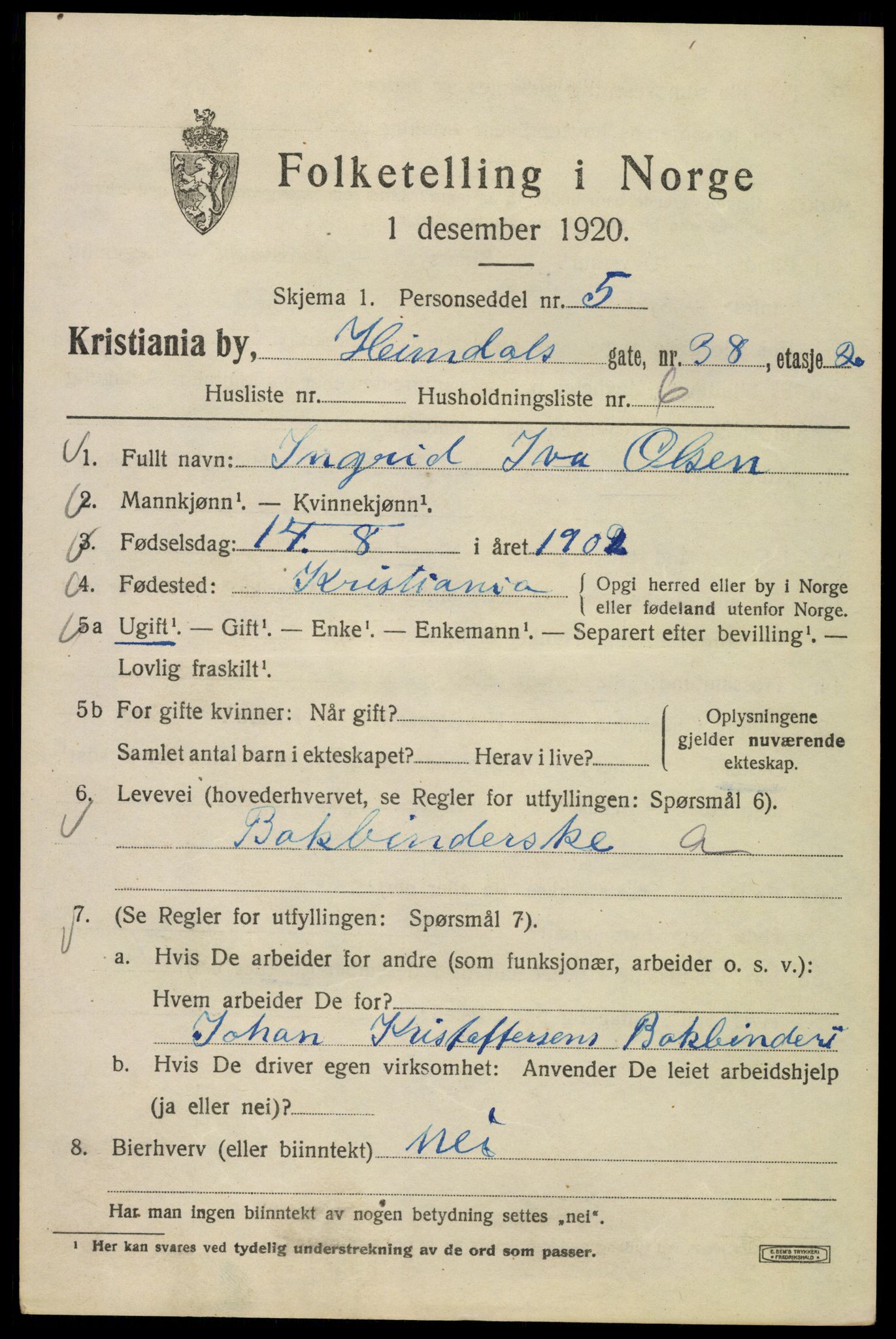 SAO, Folketelling 1920 for 0301 Kristiania kjøpstad, 1920, s. 281907