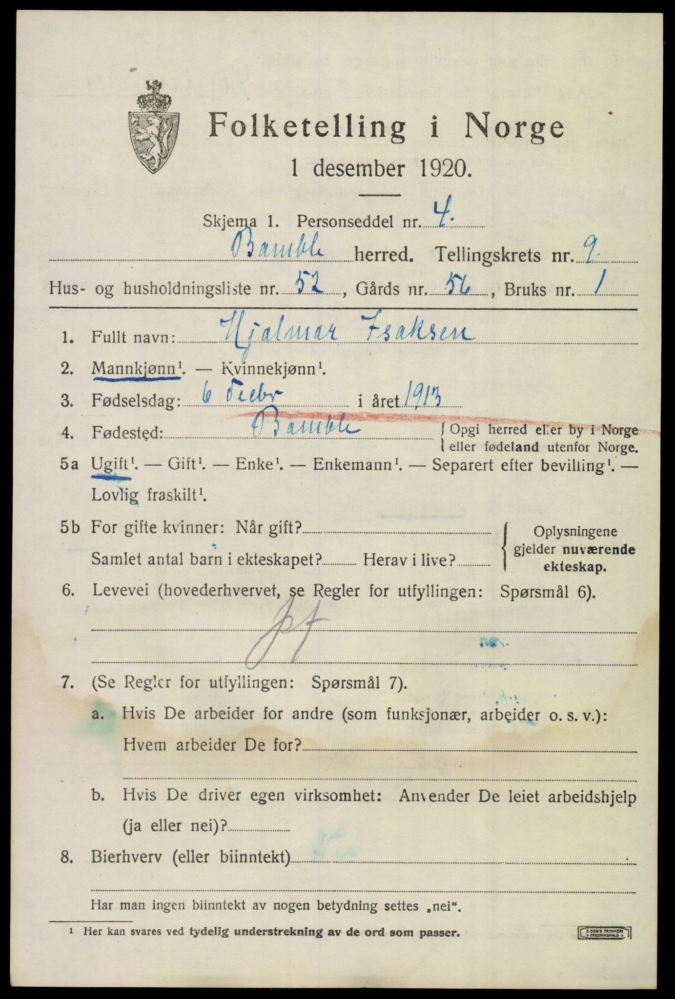 SAKO, Folketelling 1920 for 0814 Bamble herred, 1920, s. 8315