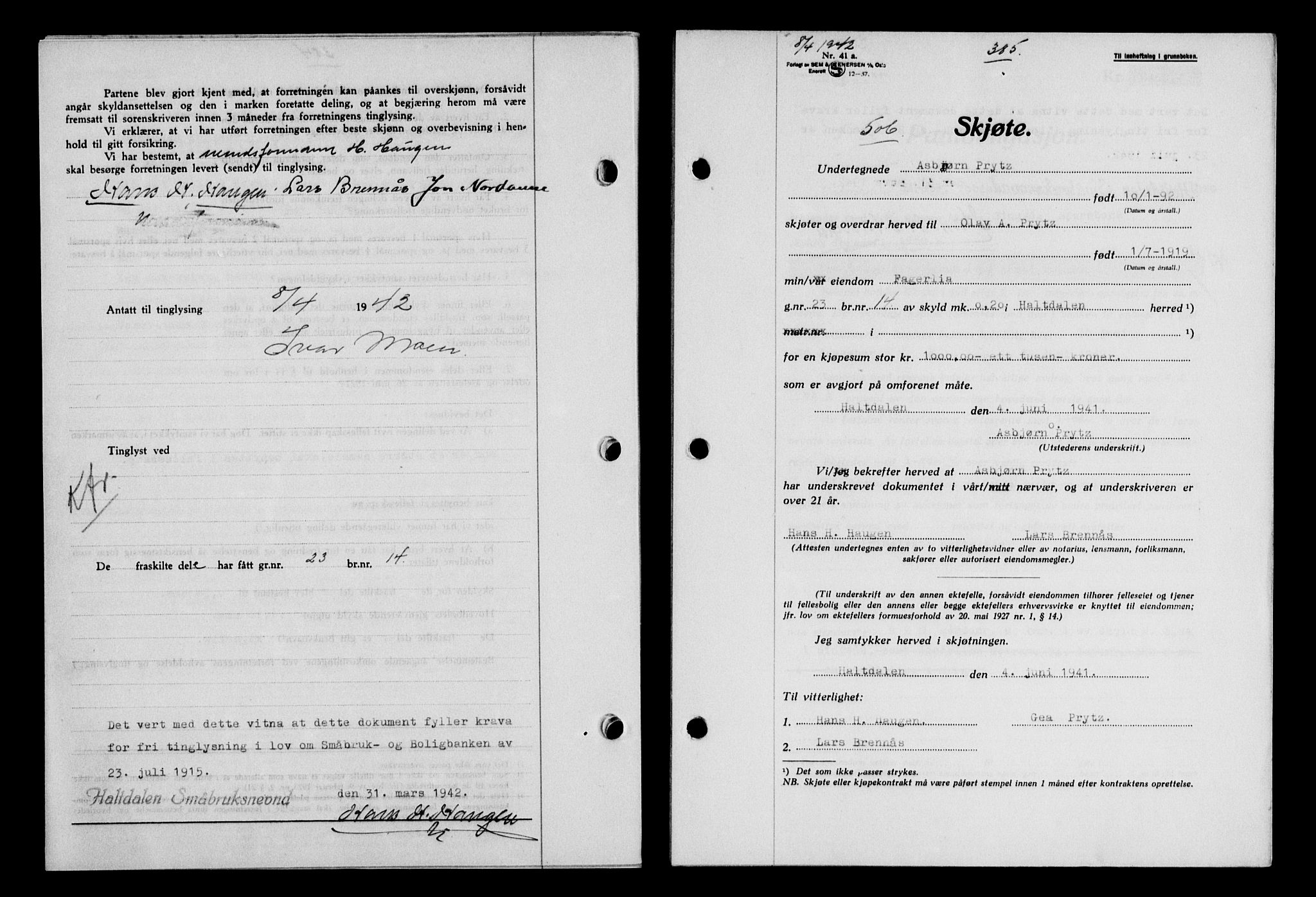 Gauldal sorenskriveri, SAT/A-0014/1/2/2C/L0054: Pantebok nr. 59, 1941-1942, Dagboknr: 506/1942