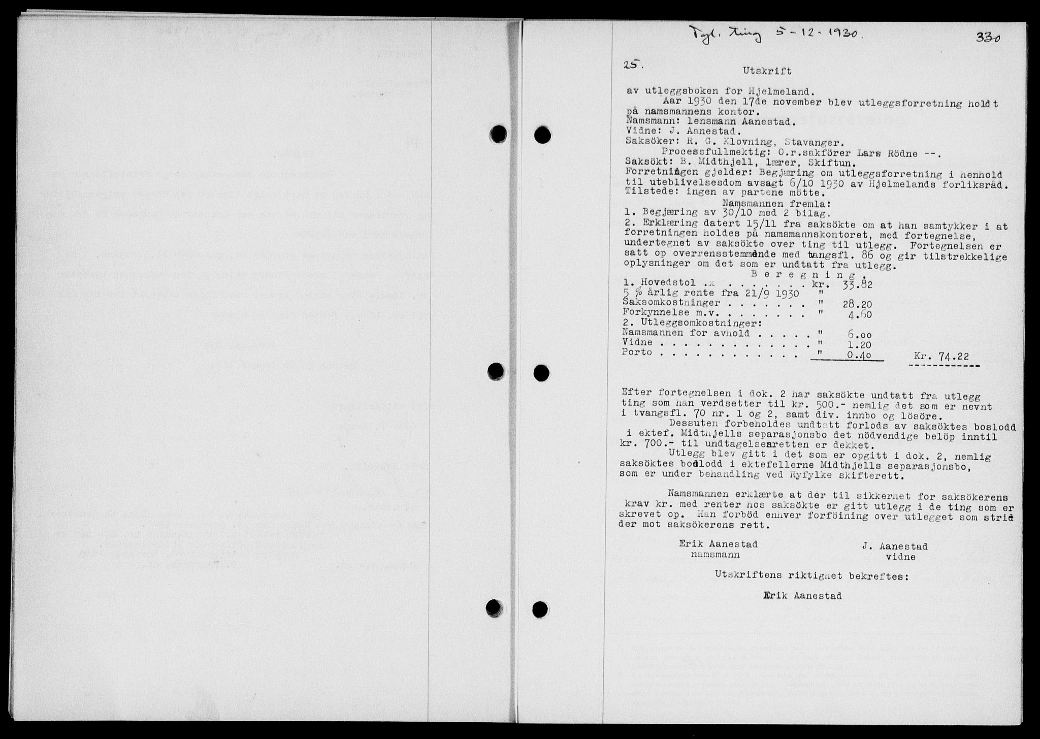 Ryfylke tingrett, SAST/A-100055/001/II/IIB/L0061: Pantebok nr. 40, 1930-1931, Tingl.dato: 05.12.1930