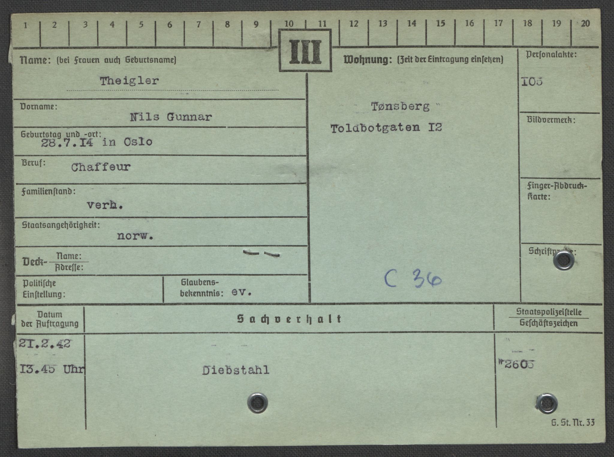 Befehlshaber der Sicherheitspolizei und des SD, RA/RAFA-5969/E/Ea/Eaa/L0010: Register over norske fanger i Møllergata 19: Sø-Å, 1940-1945, s. 218
