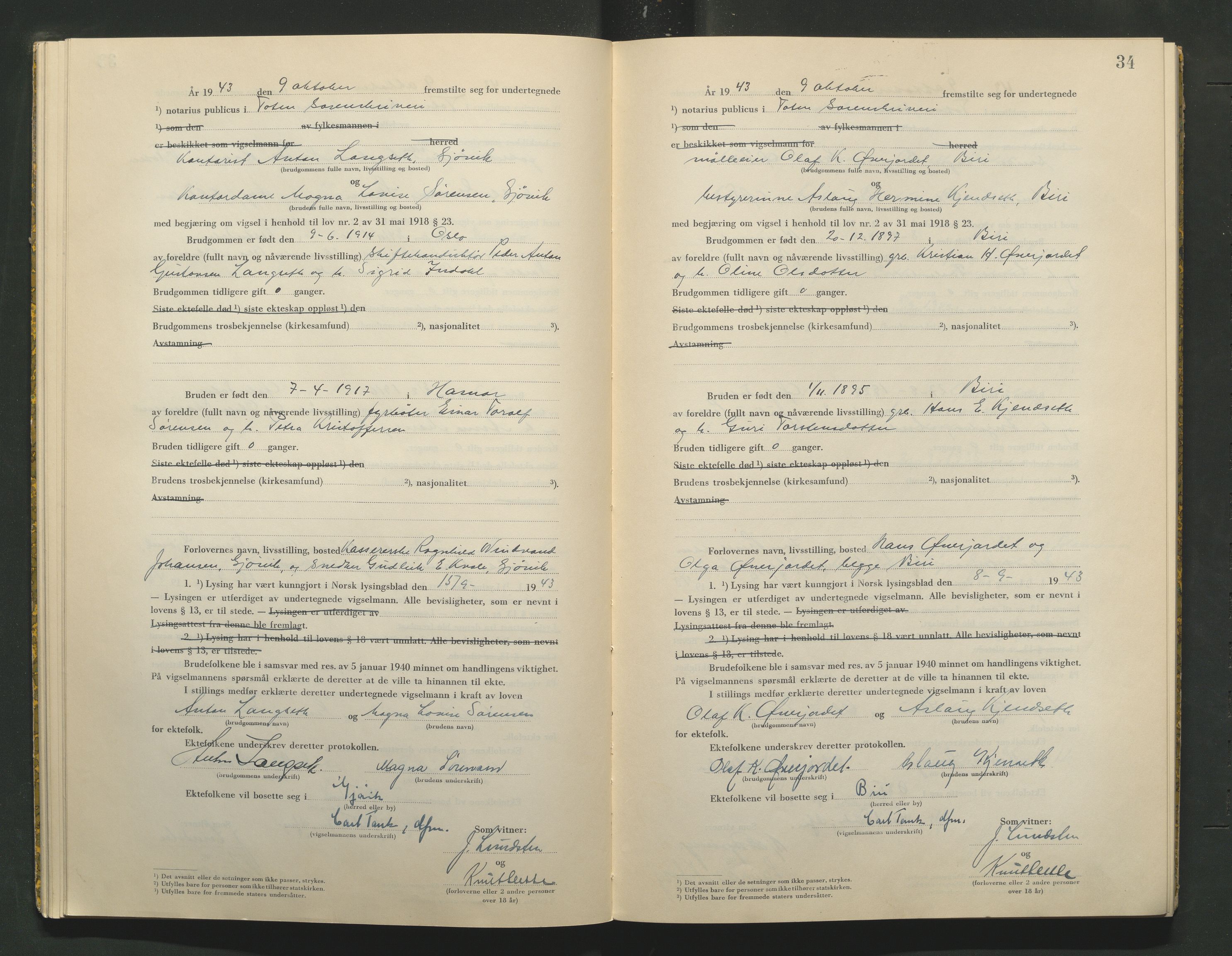 Toten tingrett, AV/SAH-TING-006/L/Lc/L0003: Vigselbok, 1943-1944, s. 34