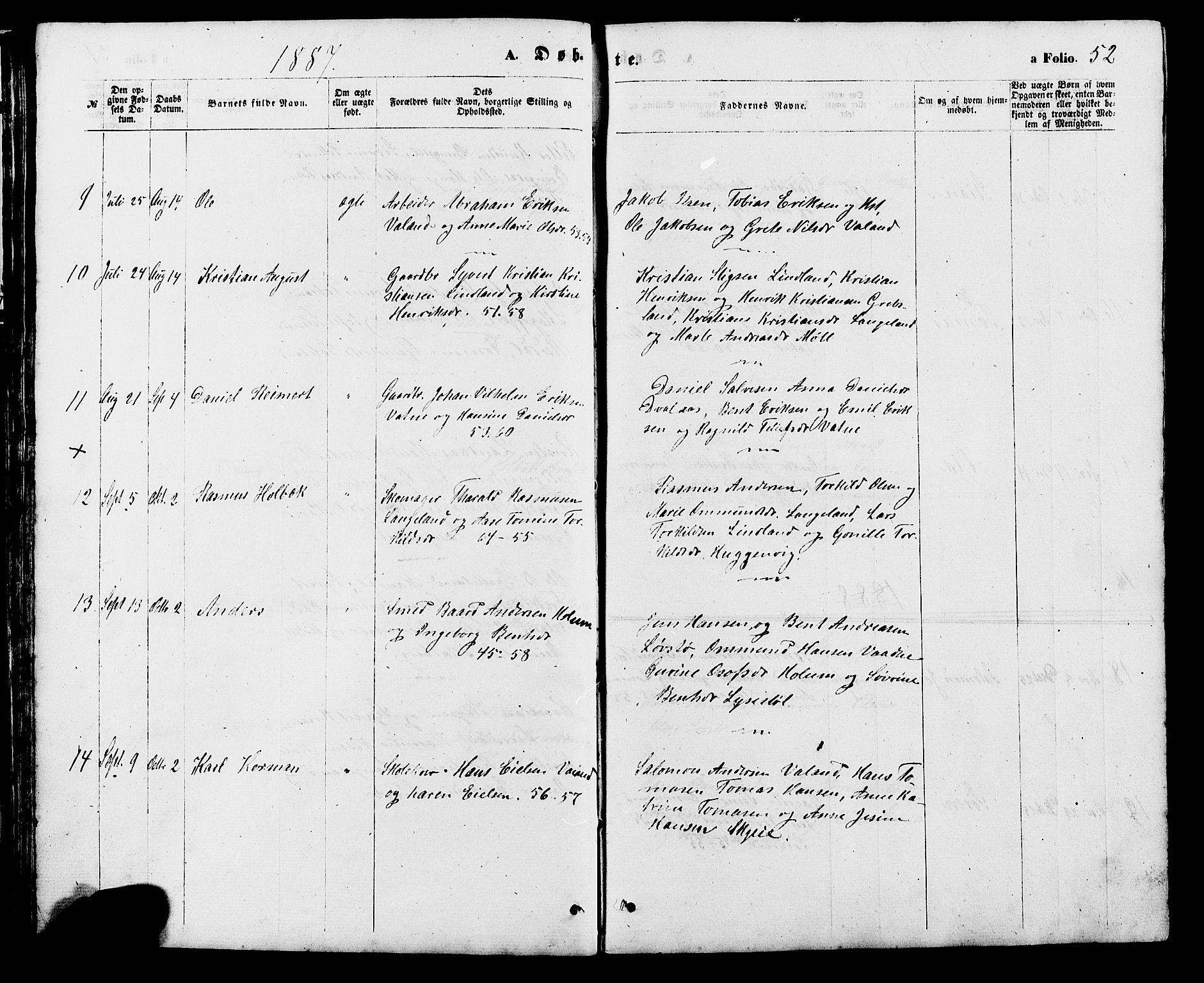 Holum sokneprestkontor, AV/SAK-1111-0022/F/Fb/Fba/L0004: Klokkerbok nr. B 4, 1867-1890, s. 52