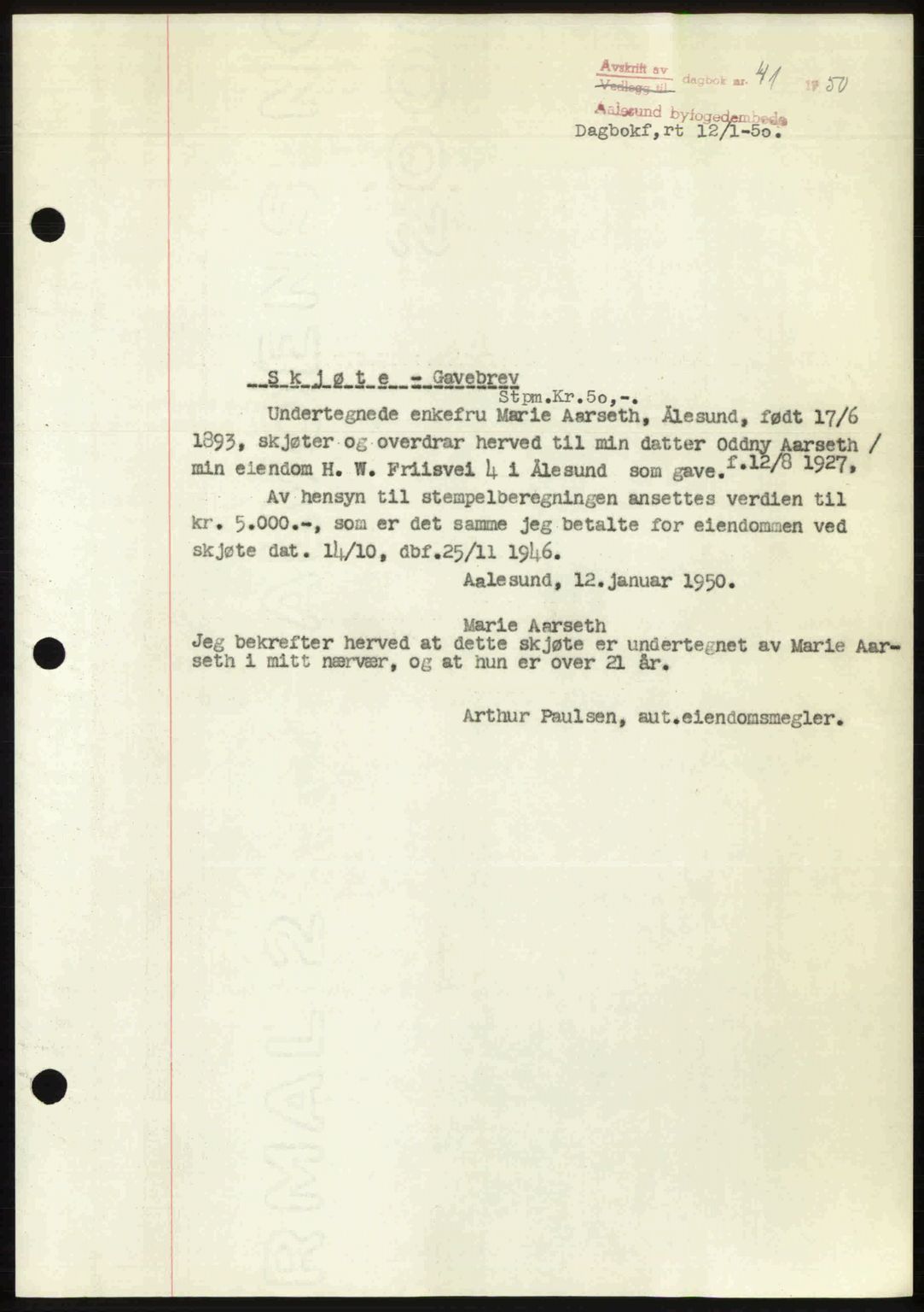 Ålesund byfogd, AV/SAT-A-4384: Pantebok nr. 37A (2), 1949-1950, Dagboknr: 41/1950