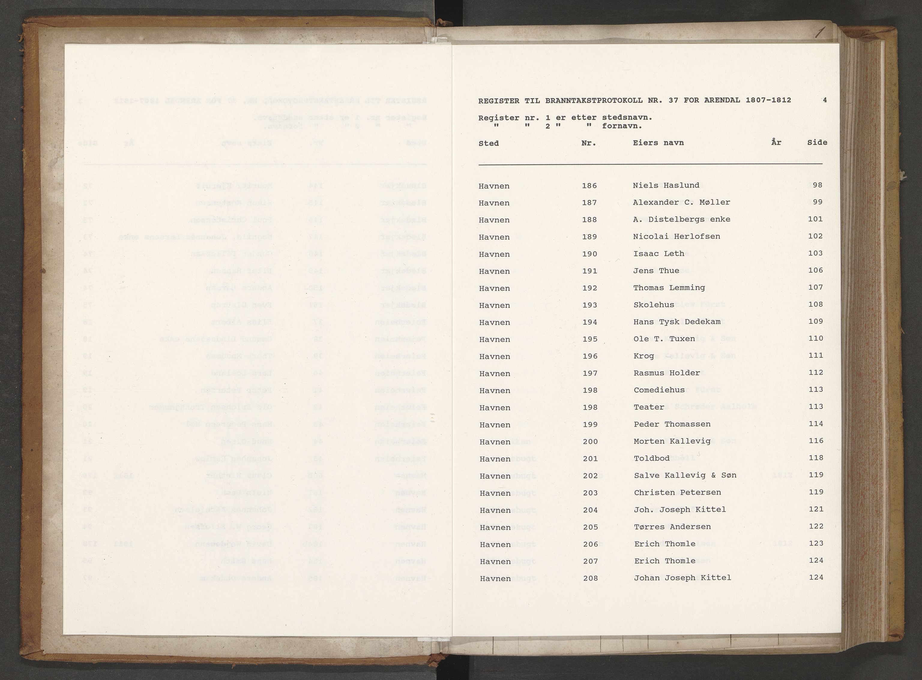 Norges Brannkasse Arendal, AV/SAK-2241-0002/F/Fa/L0039: Brannforsikringsprotokoll nr. 37 med steds- og fornavnsregister, 1807-1817
