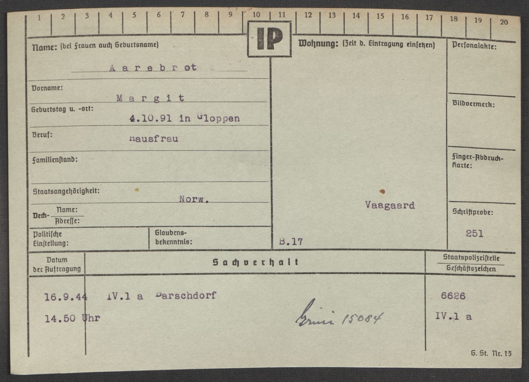 Befehlshaber der Sicherheitspolizei und des SD, AV/RA-RAFA-5969/E/Ea/Eaa/L0010: Register over norske fanger i Møllergata 19: Sø-Å, 1940-1945, s. 1454