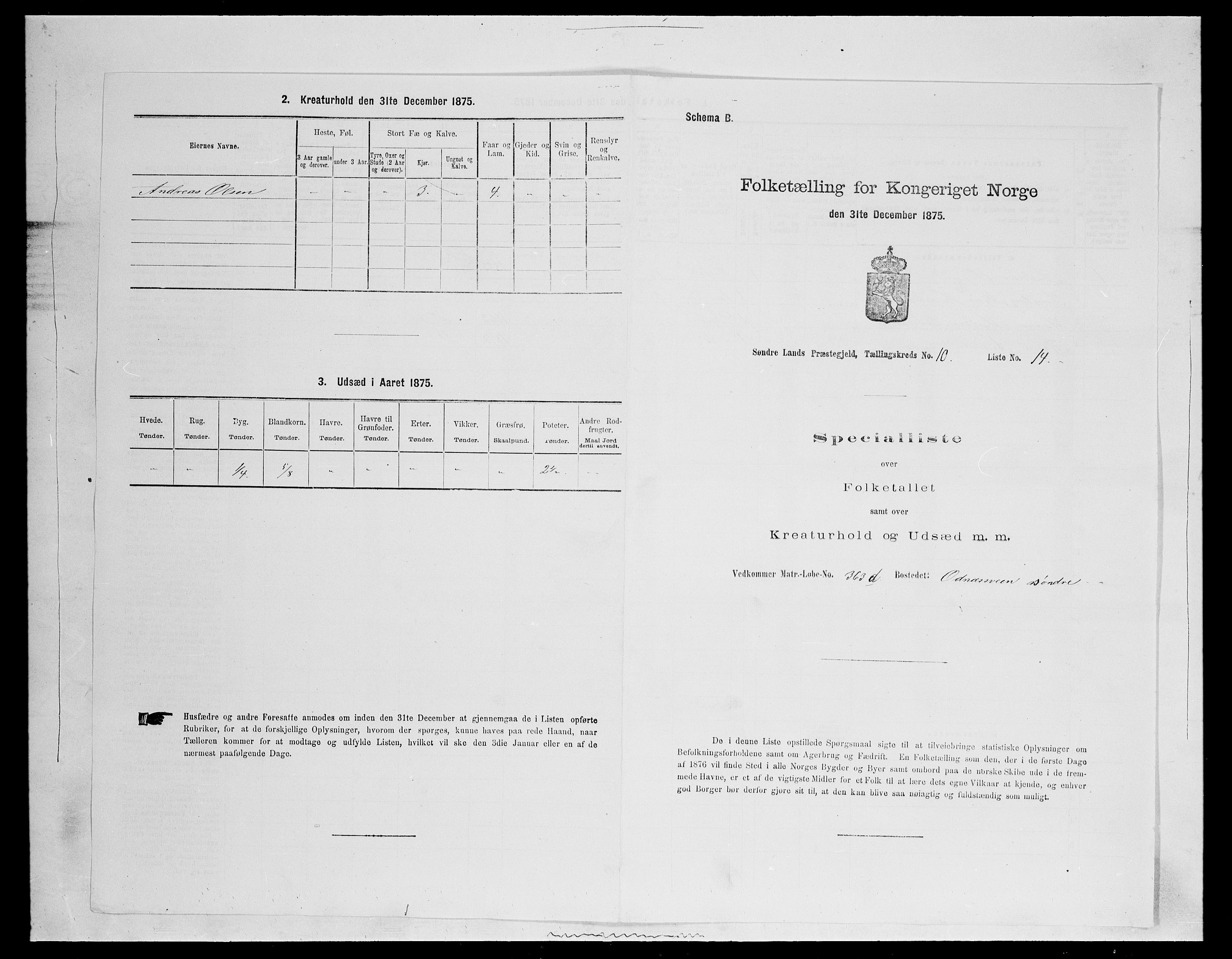 SAH, Folketelling 1875 for 0536P Søndre Land prestegjeld, 1875, s. 1485