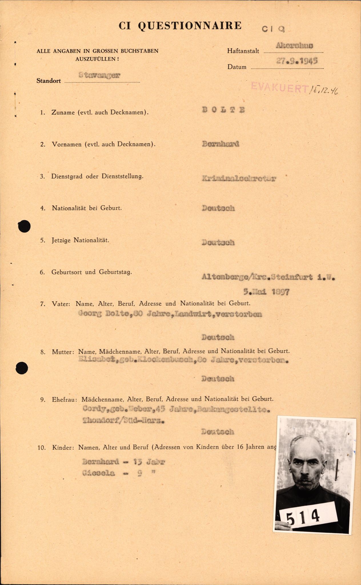 Forsvaret, Forsvarets overkommando II, RA/RAFA-3915/D/Db/L0003: CI Questionaires. Tyske okkupasjonsstyrker i Norge. Tyskere., 1945-1946, s. 567