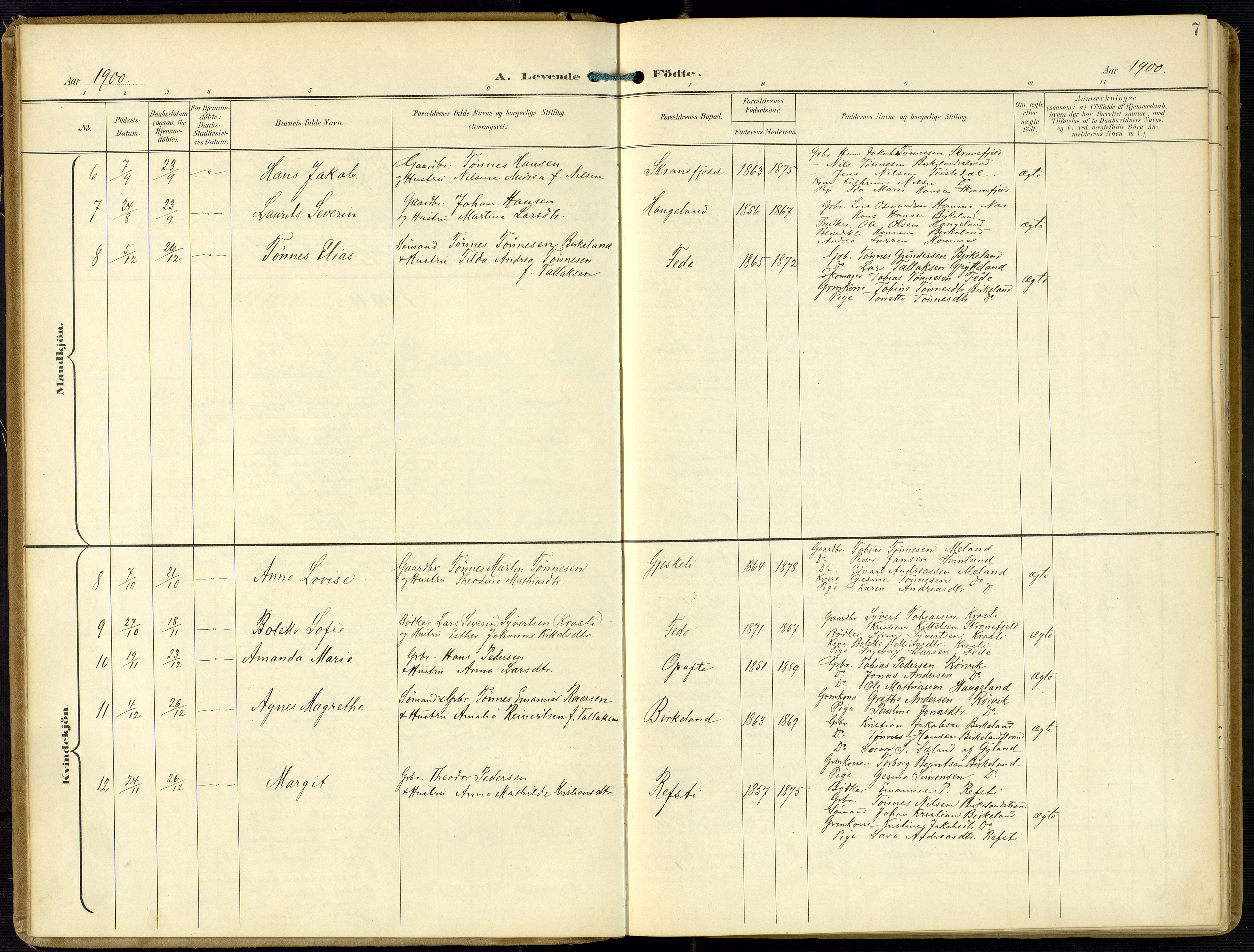 Kvinesdal sokneprestkontor, SAK/1111-0026/F/Fa/Faa/L0005: Ministerialbok nr. A 5, 1898-1915, s. 7