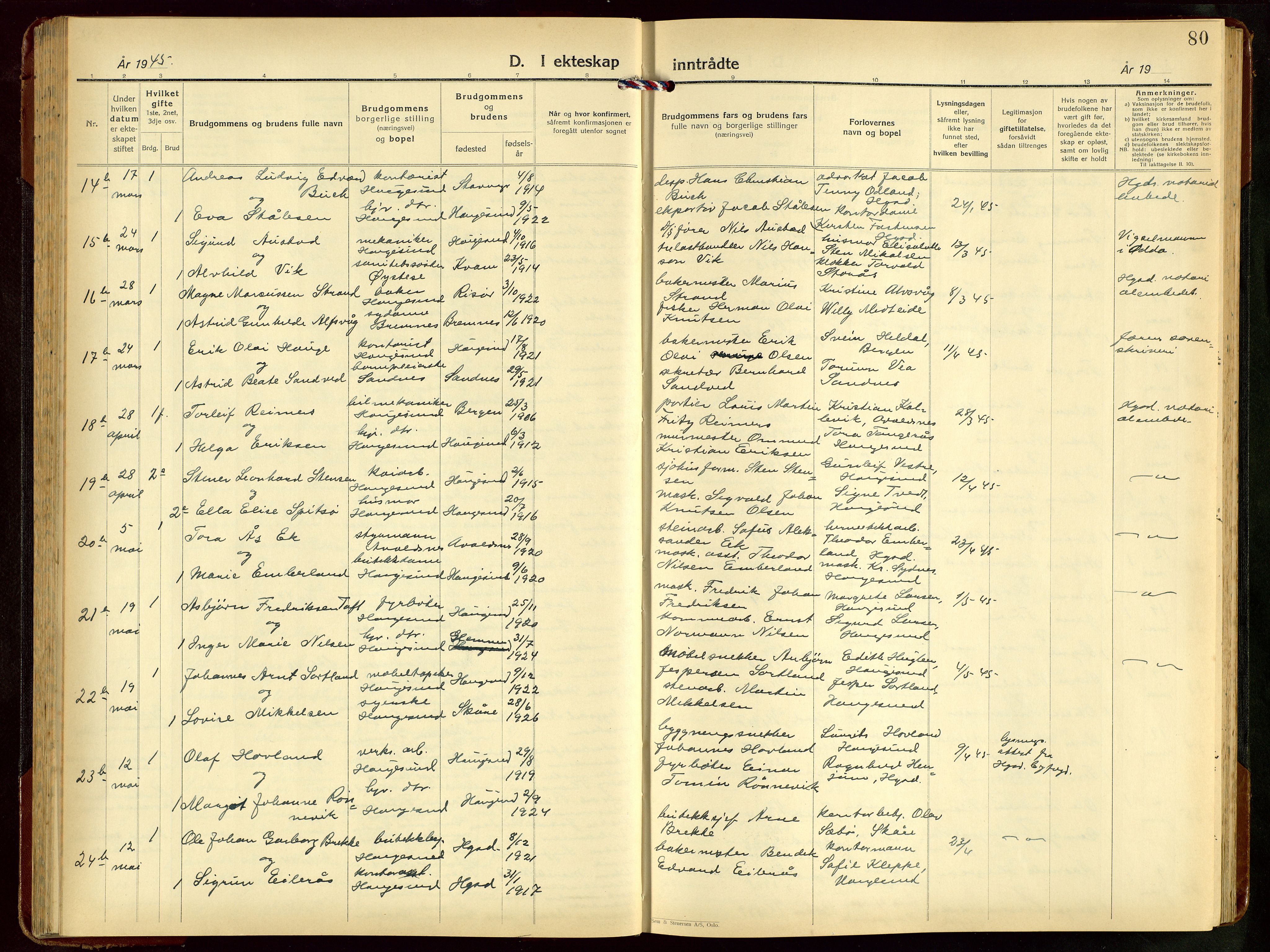 Haugesund sokneprestkontor, AV/SAST-A -101863/H/Ha/Hab/L0014: Klokkerbok nr. B 14, 1940-1952, s. 80