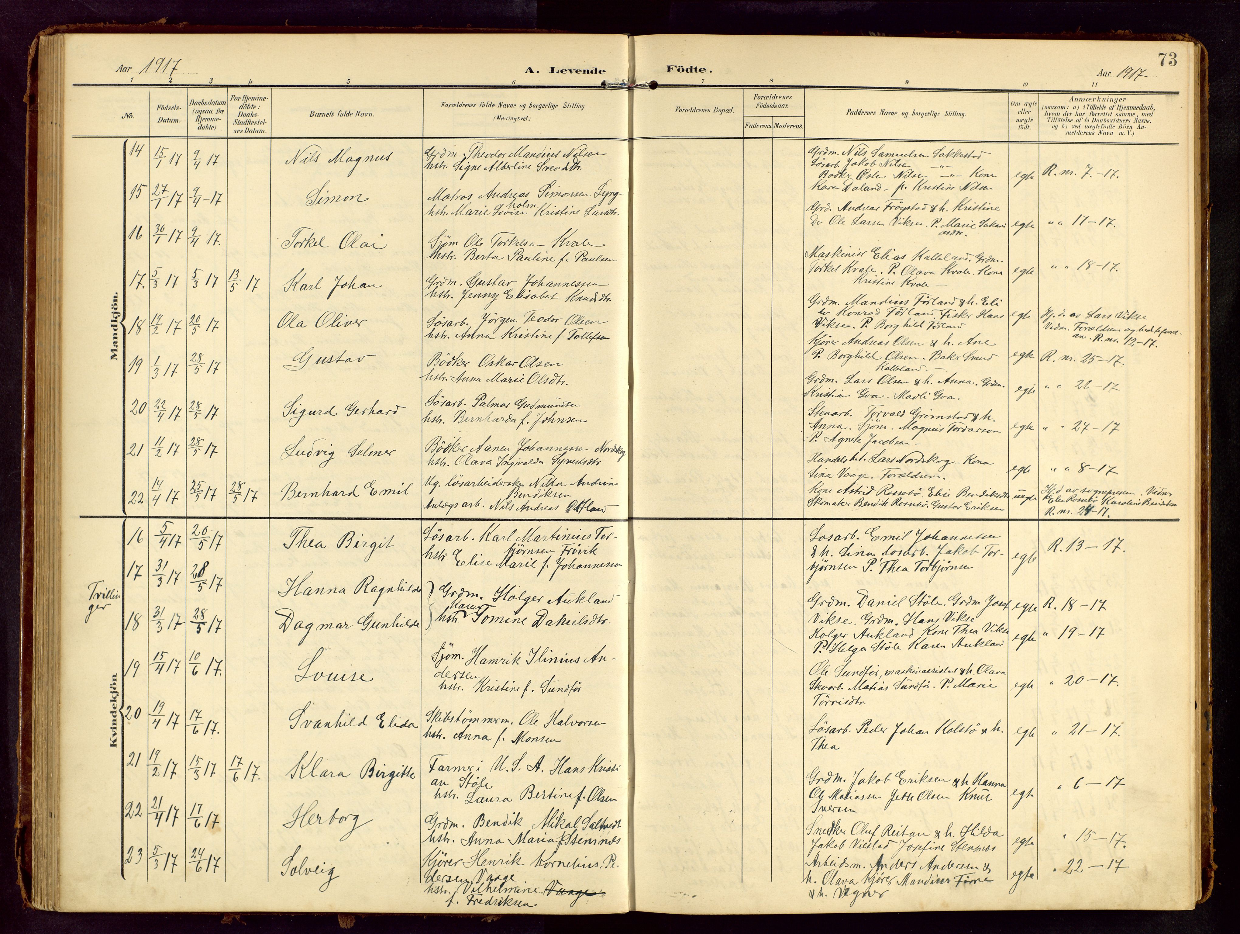 Haugesund sokneprestkontor, AV/SAST-A -101863/H/Ha/Hab/L0006: Klokkerbok nr. B 6, 1906-1944, s. 73