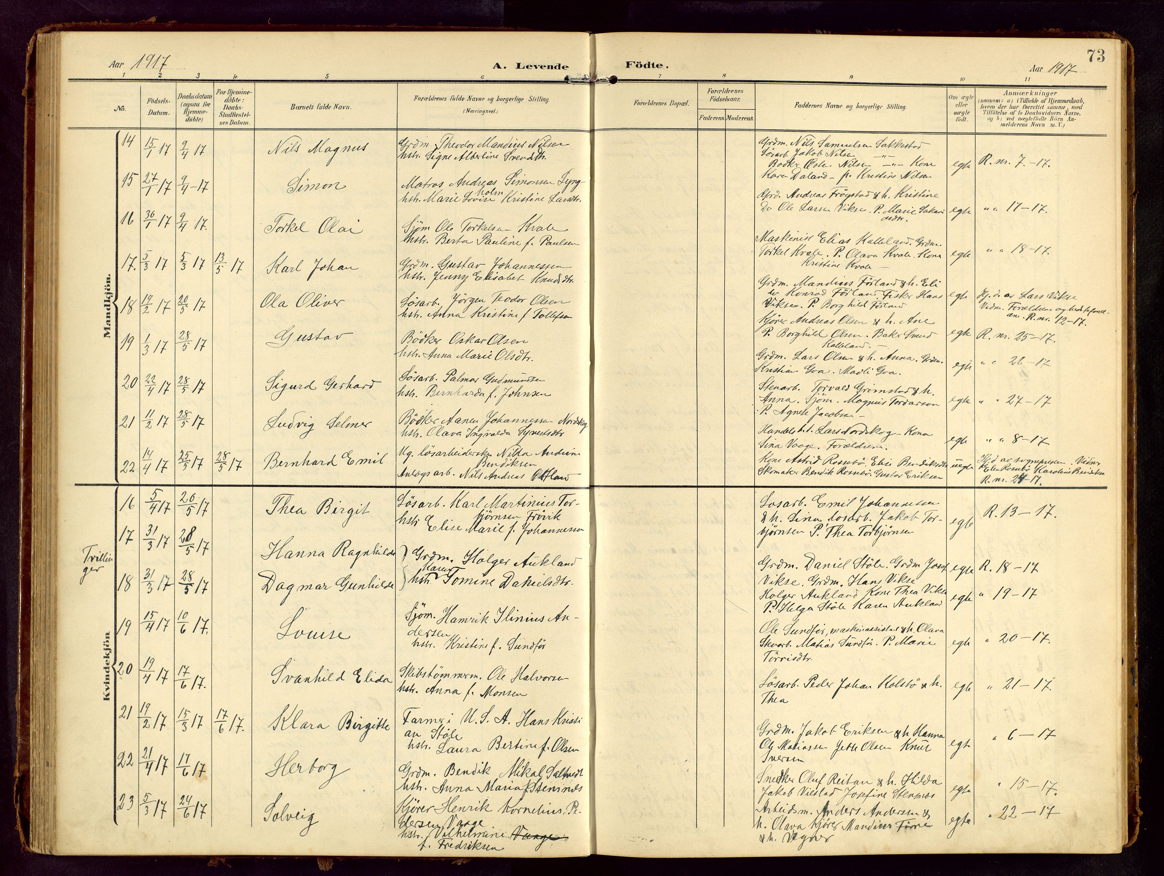 Haugesund sokneprestkontor, SAST/A -101863/H/Ha/Hab/L0006: Klokkerbok nr. B 6, 1906-1944, s. 73