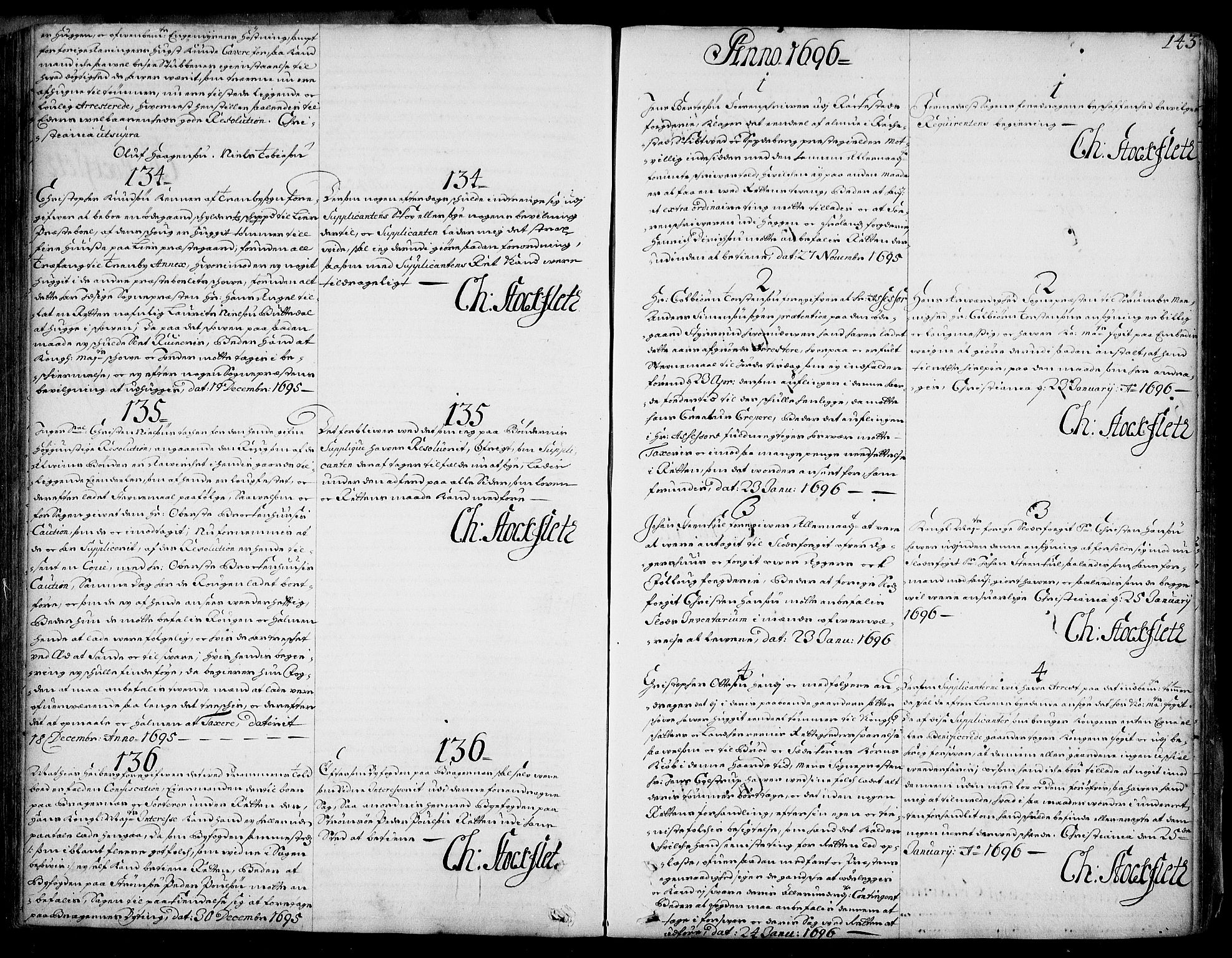 Stattholderembetet 1572-1771, AV/RA-EA-2870/Ad/L0005: Supplikasjons- og resolusjonsprotokoll, 1692-1699, s. 142b-143a
