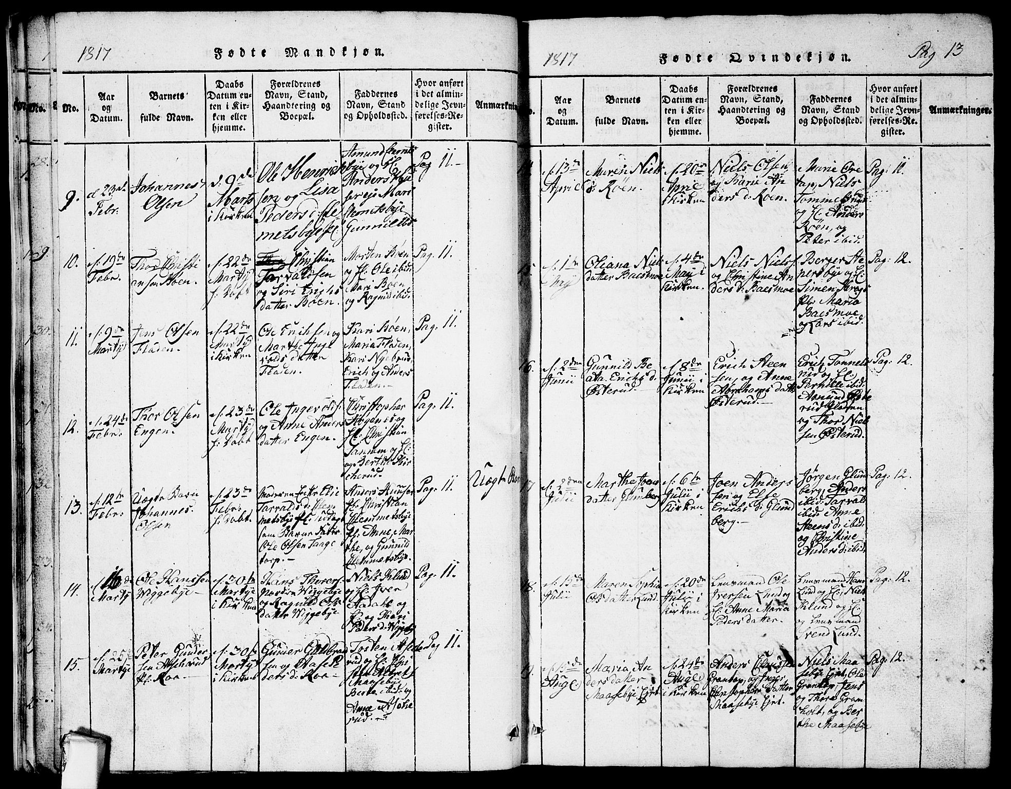 Rødenes prestekontor Kirkebøker, AV/SAO-A-2005/G/Ga/L0001: Klokkerbok nr.  I 1, 1814-1841, s. 13