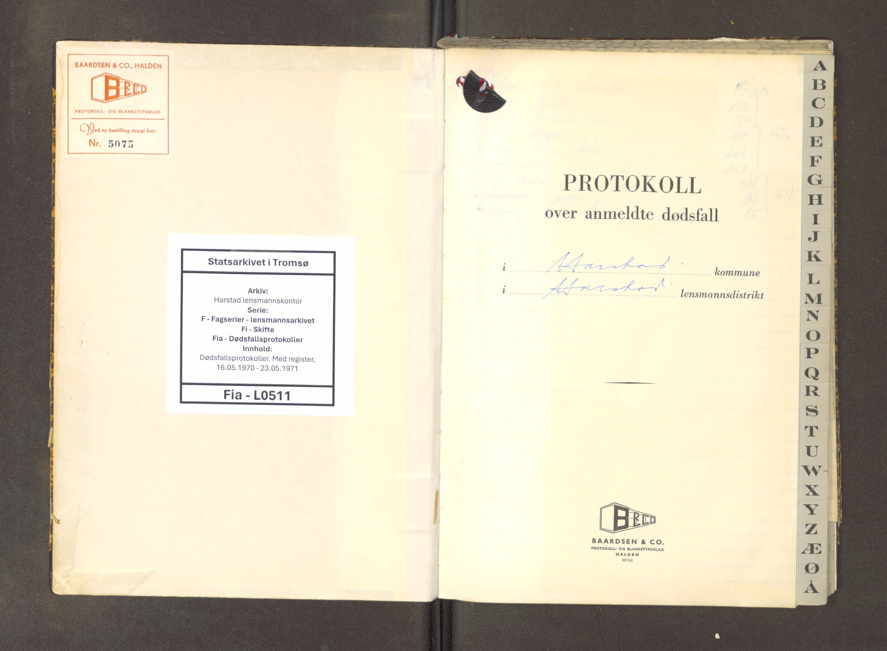 Harstad lensmannskontor, AV/SATØ-SATØ-10/F/Fi/Fia/L0511: Dødsfallsprotokoller. Med register, 1970-1971