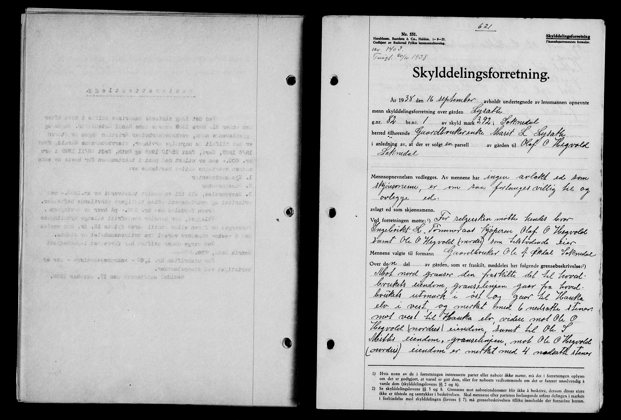Gauldal sorenskriveri, SAT/A-0014/1/2/2C/L0049: Pantebok nr. 53, 1938-1938, Dagboknr: 1403/1938