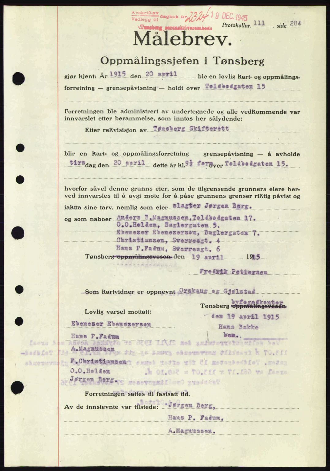 Tønsberg sorenskriveri, AV/SAKO-A-130/G/Ga/Gaa/L0017a: Pantebok nr. A17a, 1945-1945, Dagboknr: 2324/1945