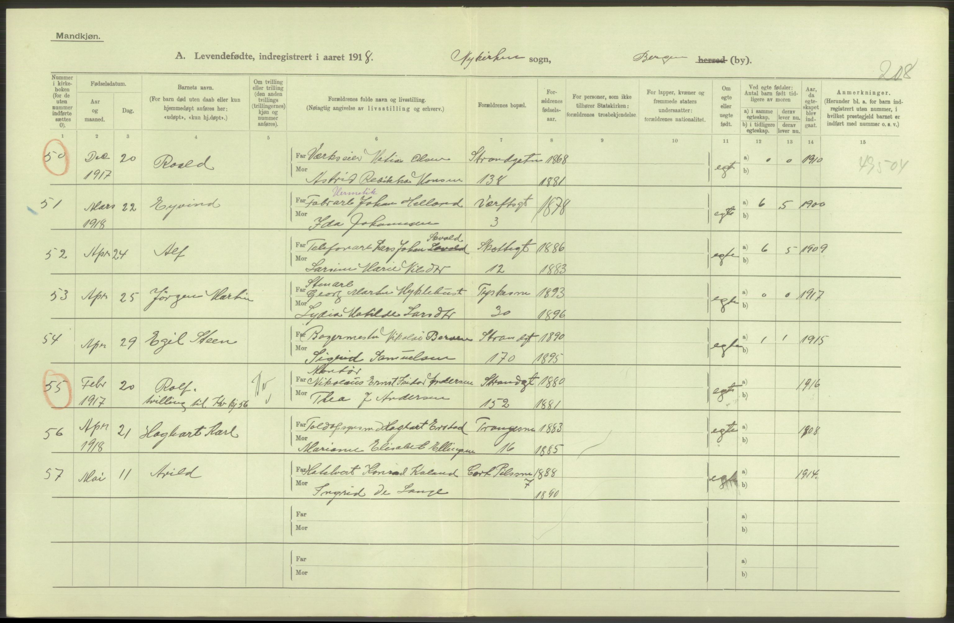 Statistisk sentralbyrå, Sosiodemografiske emner, Befolkning, AV/RA-S-2228/D/Df/Dfb/Dfbh/L0037: Bergen: Levendefødte menn og kvinner., 1918, s. 394