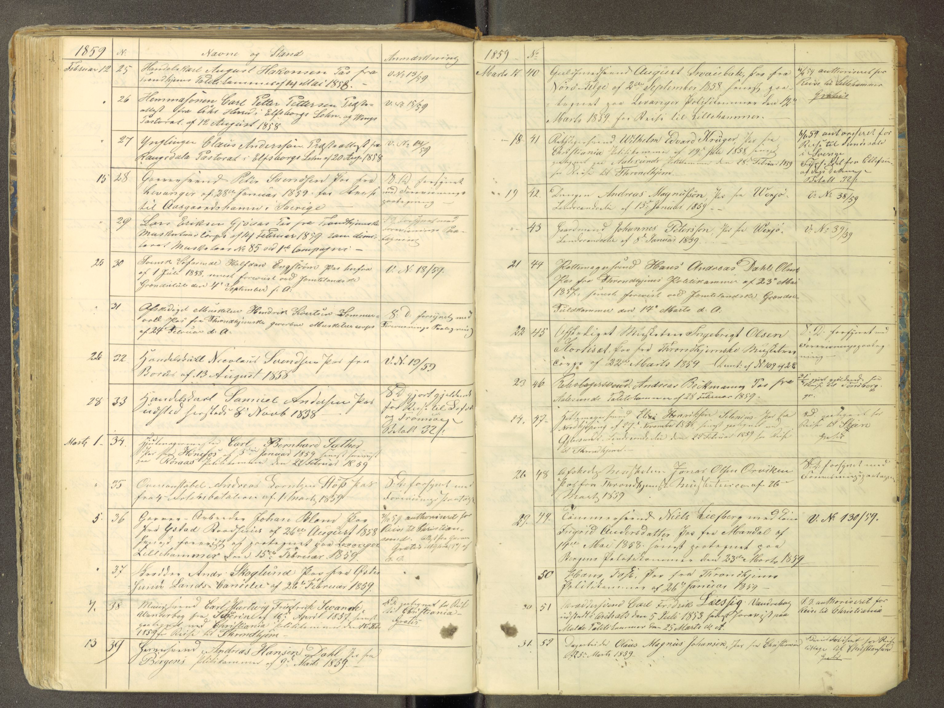 Trondheim politikammer, AV/SAT-A-1887/1/30/L0010: Passprotokoll. Utstedte pass 1850-1855. Innleverte pass 1850-1860, 1850-1860