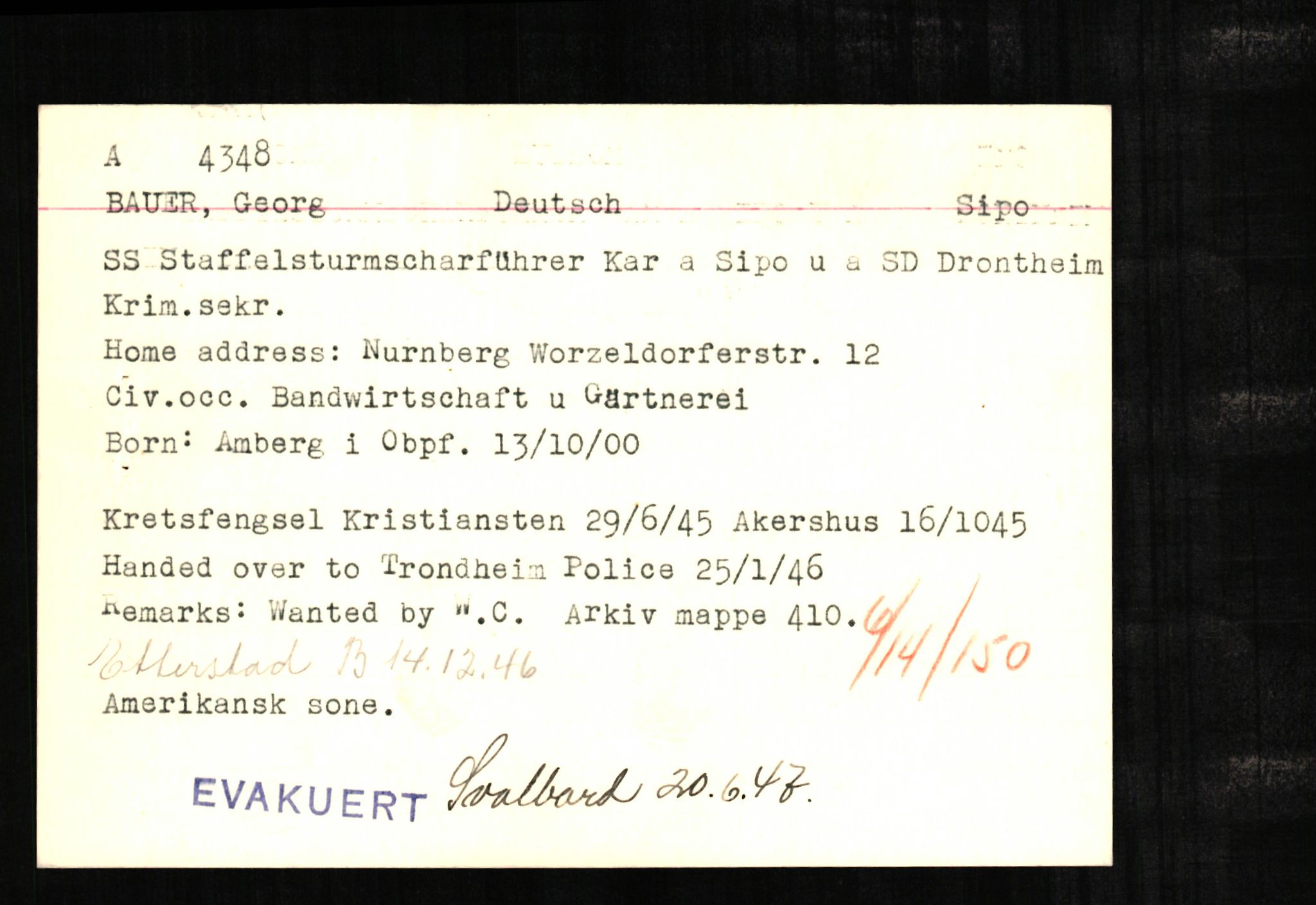 Forsvaret, Forsvarets overkommando II, RA/RAFA-3915/D/Db/L0002: CI Questionaires. Tyske okkupasjonsstyrker i Norge. Tyskere., 1945-1946, s. 243