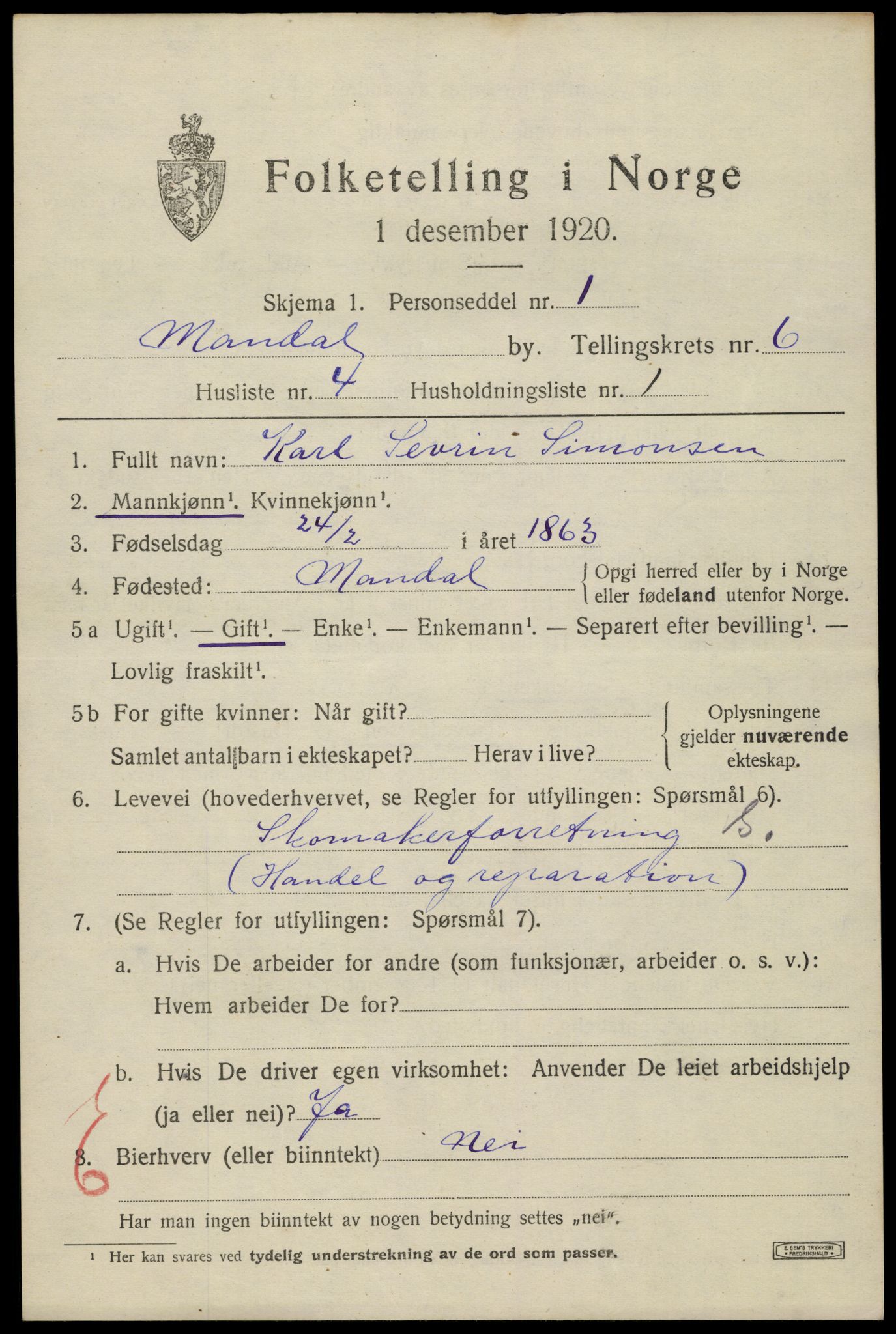 SAK, Folketelling 1920 for 1002 Mandal ladested, 1920, s. 9143
