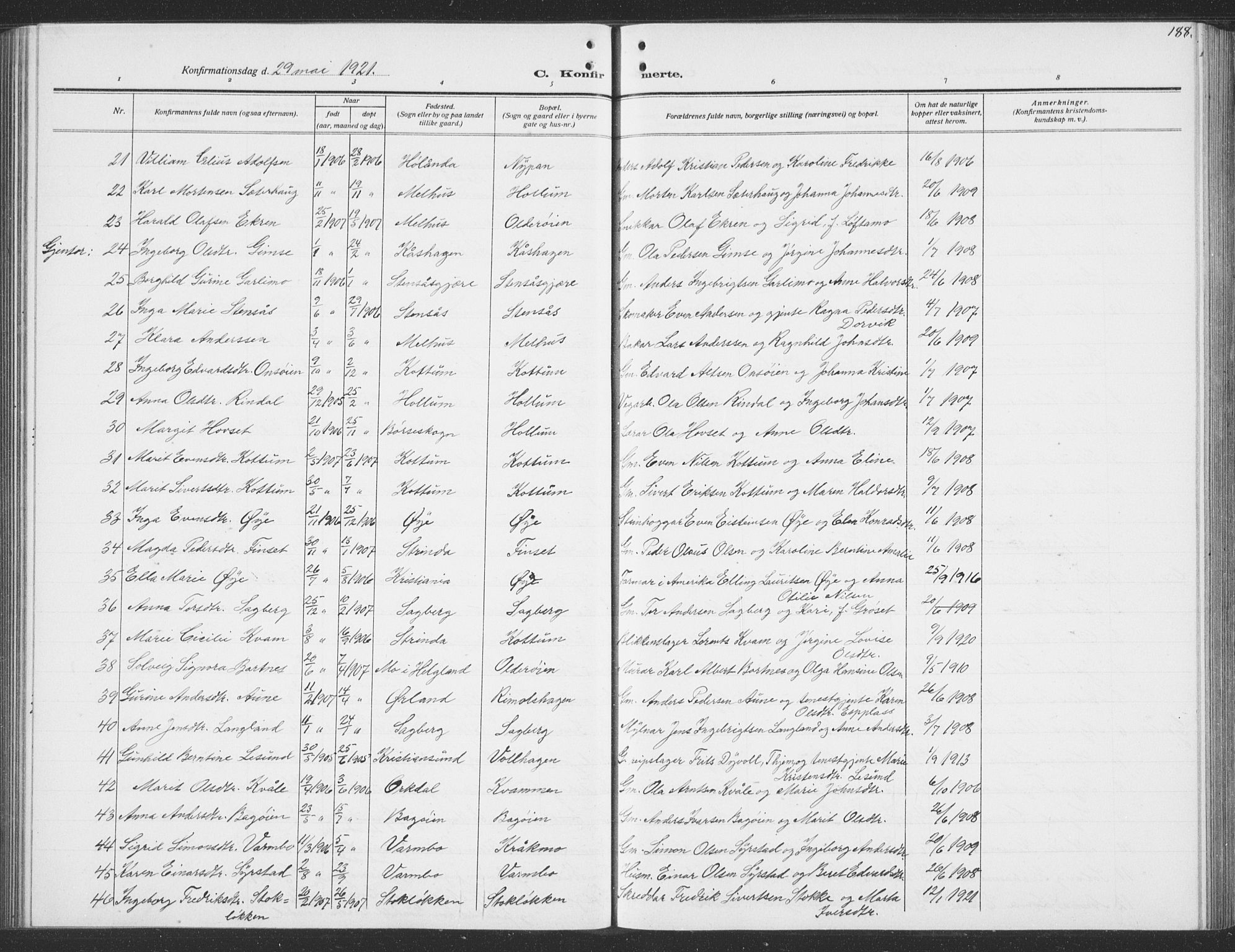 Ministerialprotokoller, klokkerbøker og fødselsregistre - Sør-Trøndelag, AV/SAT-A-1456/691/L1095: Klokkerbok nr. 691C06, 1912-1933, s. 188