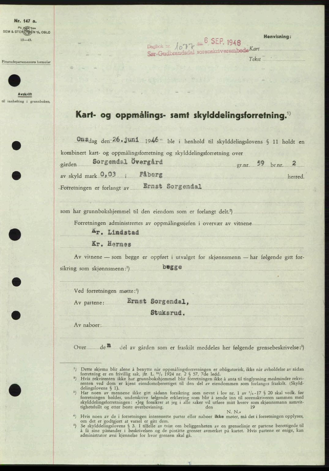 Sør-Gudbrandsdal tingrett, SAH/TING-004/H/Hb/Hbd/L0016: Pantebok nr. A16, 1946-1946, Dagboknr: 1077/1946